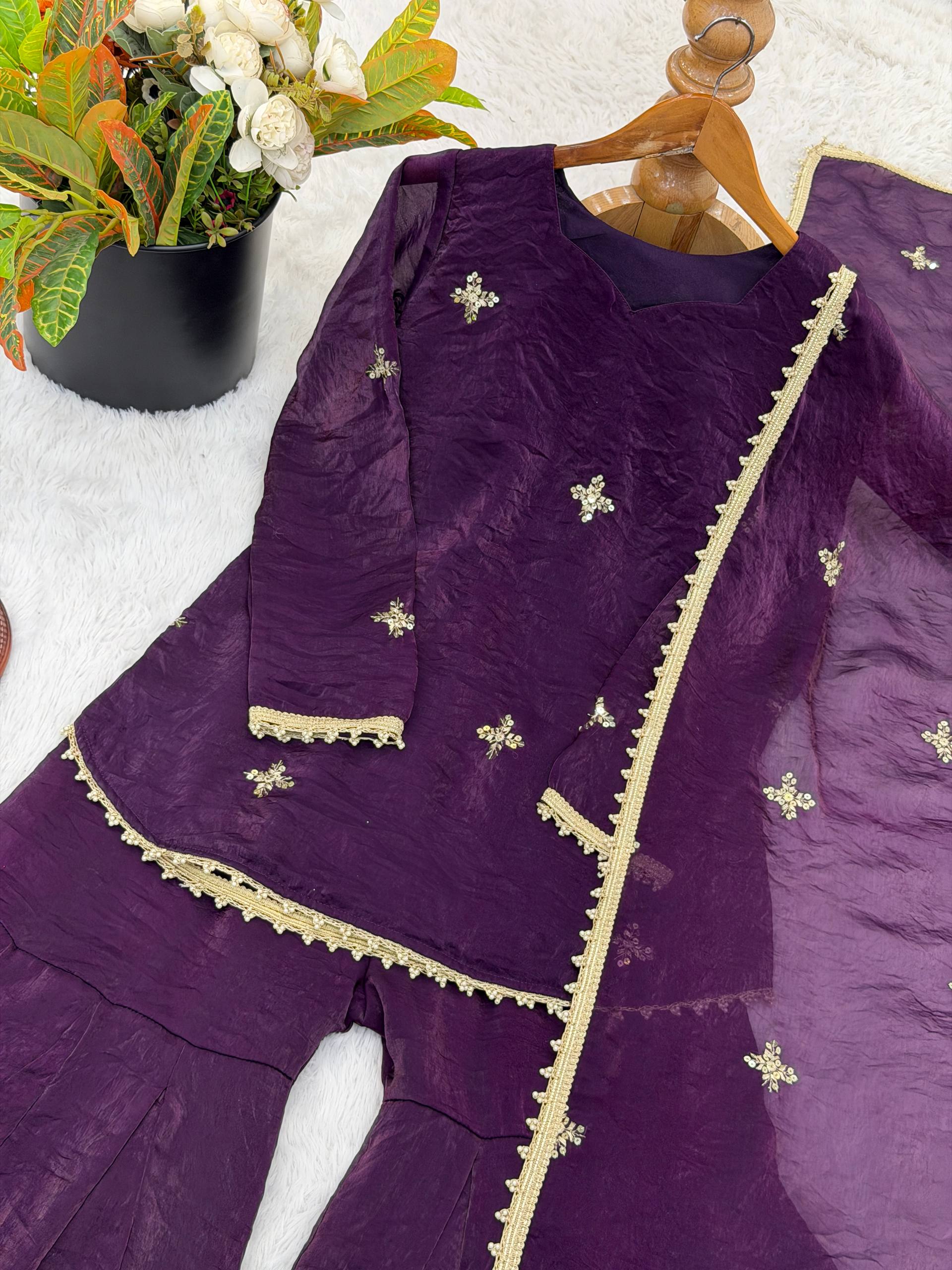 Fendy Silk Embroidered Sharara Suit Set with Dupatta (Ready to Wear | 3 Piece Set)