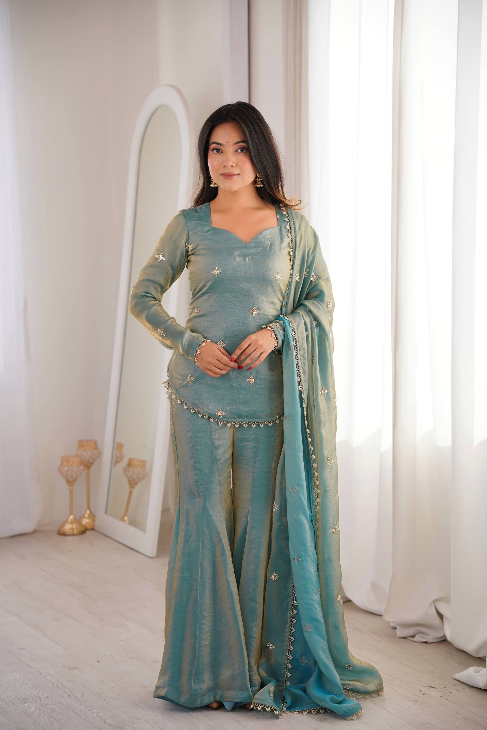 Fendy Silk Embroidered Sharara Suit Set with Dupatta (Ready to Wear | 3 Piece Set)