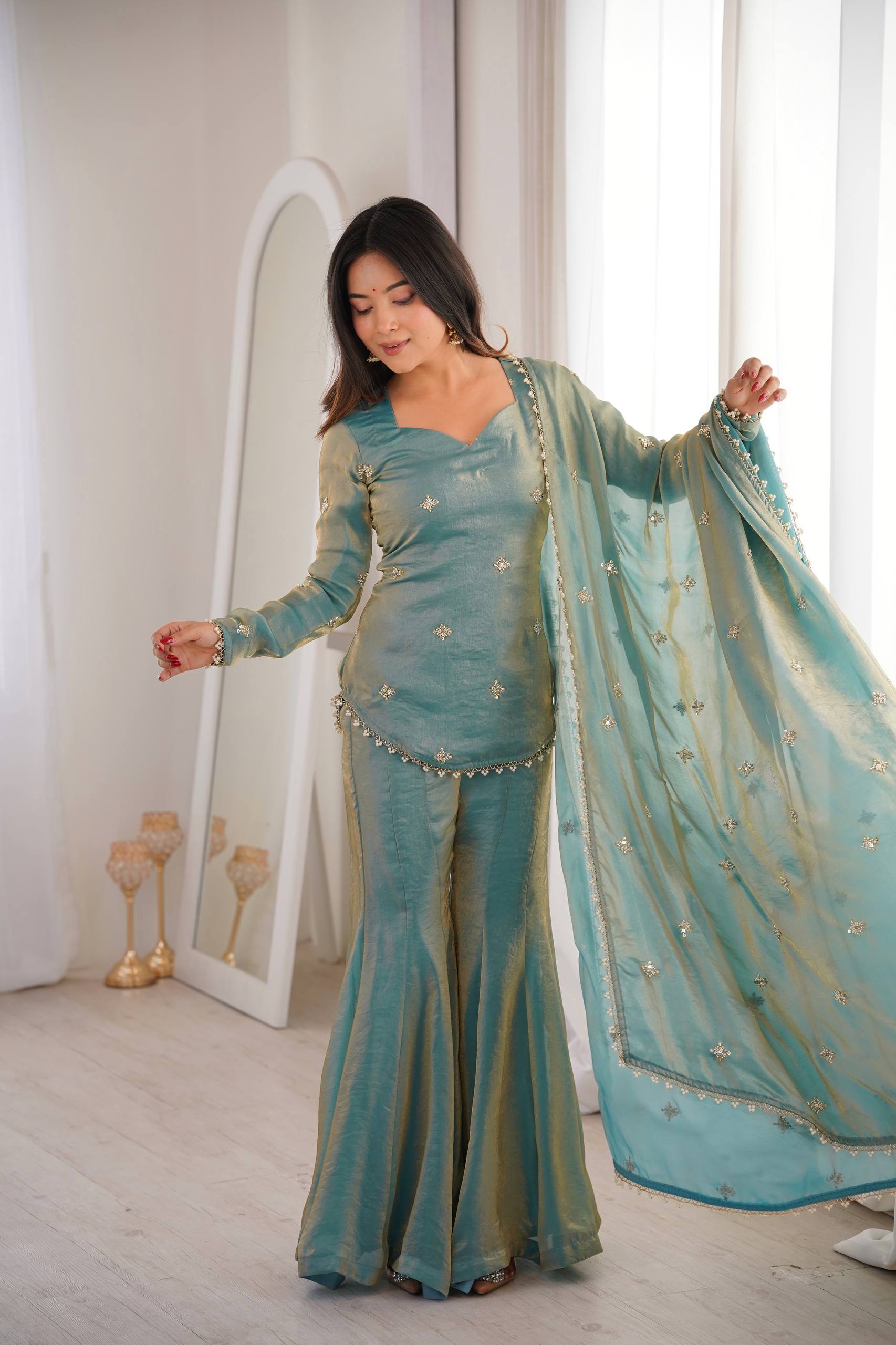 Fendy Silk Embroidered Sharara Suit Set with Dupatta (Ready to Wear | 3 Piece Set)