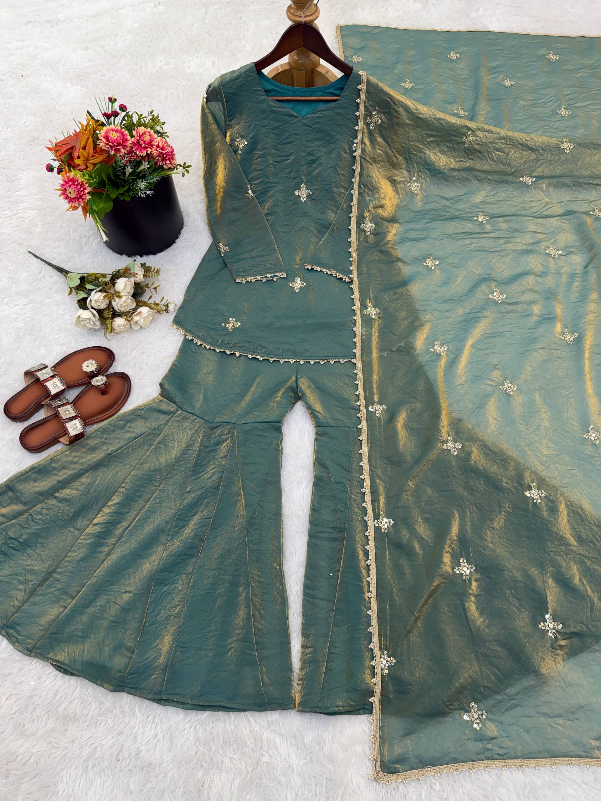Fendy Silk Embroidered Sharara Suit Set with Dupatta (Ready to Wear | 3 Piece Set)