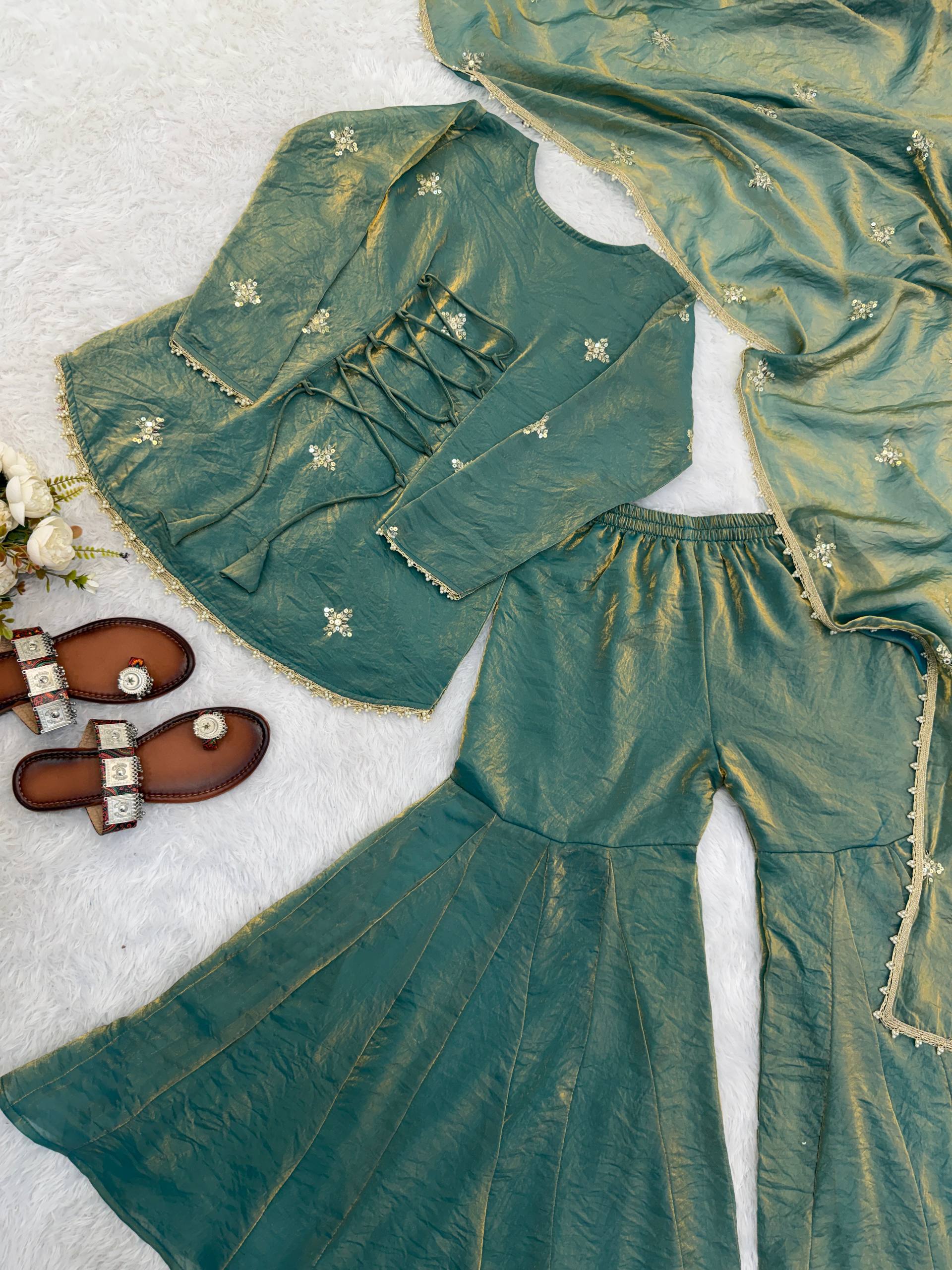 Fendy Silk Embroidered Sharara Suit Set with Dupatta (Ready to Wear | 3 Piece Set)