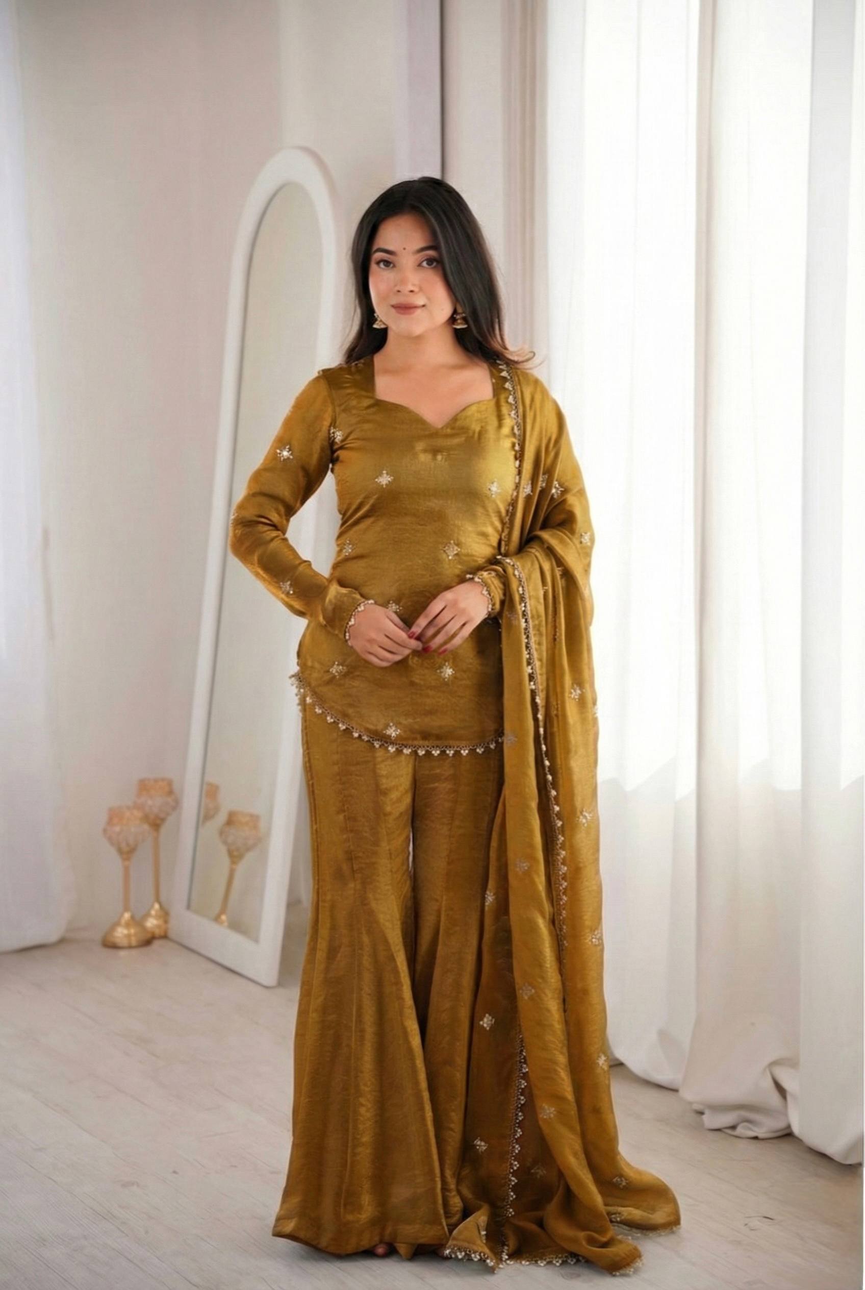 Fendy Silk Embroidered Sharara Suit Set with Dupatta (Ready to Wear | 3 Piece Set)