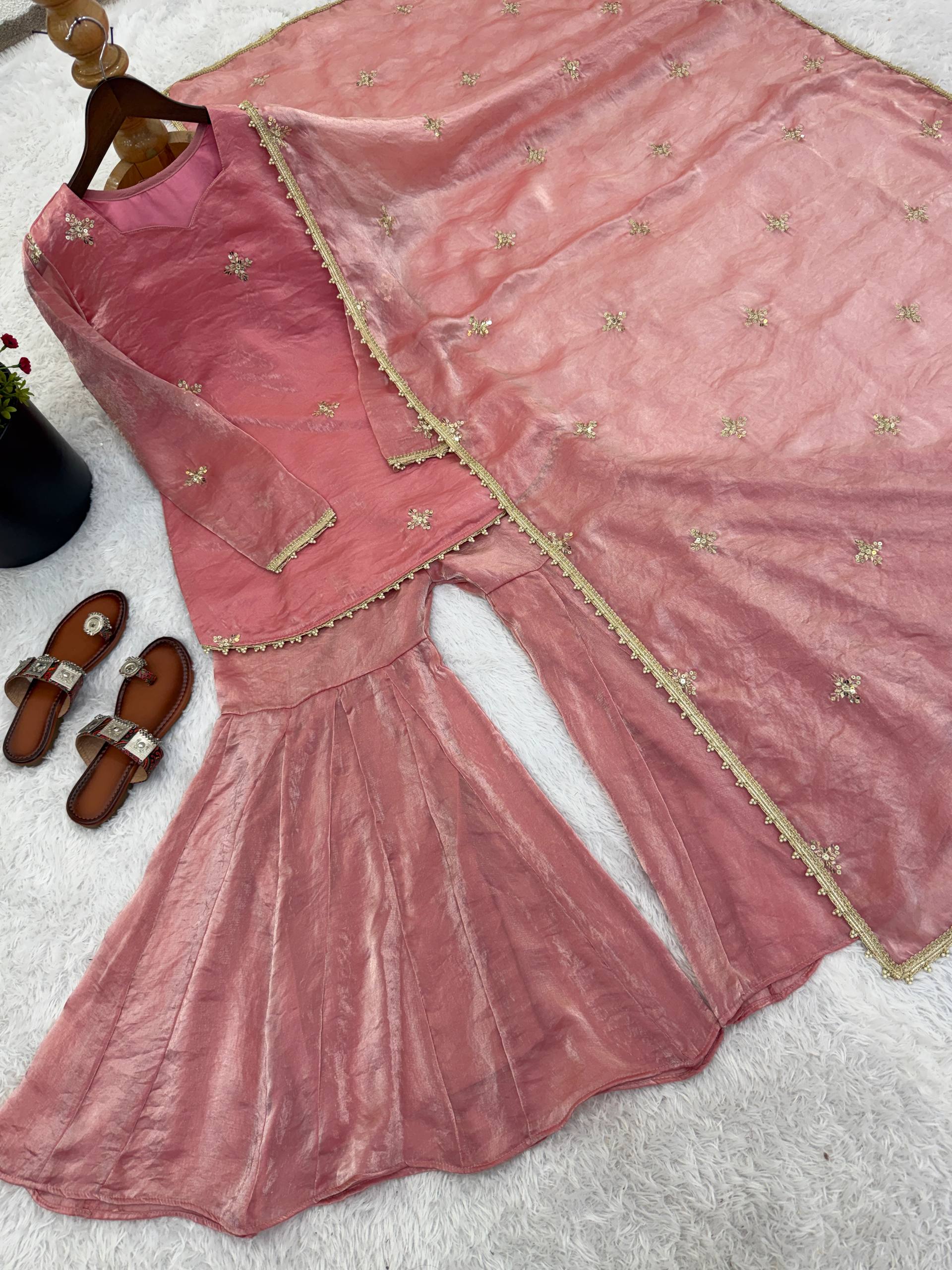 Fendy Silk Embroidered Sharara Suit Set with Dupatta (Ready to Wear | 3 Piece Set)