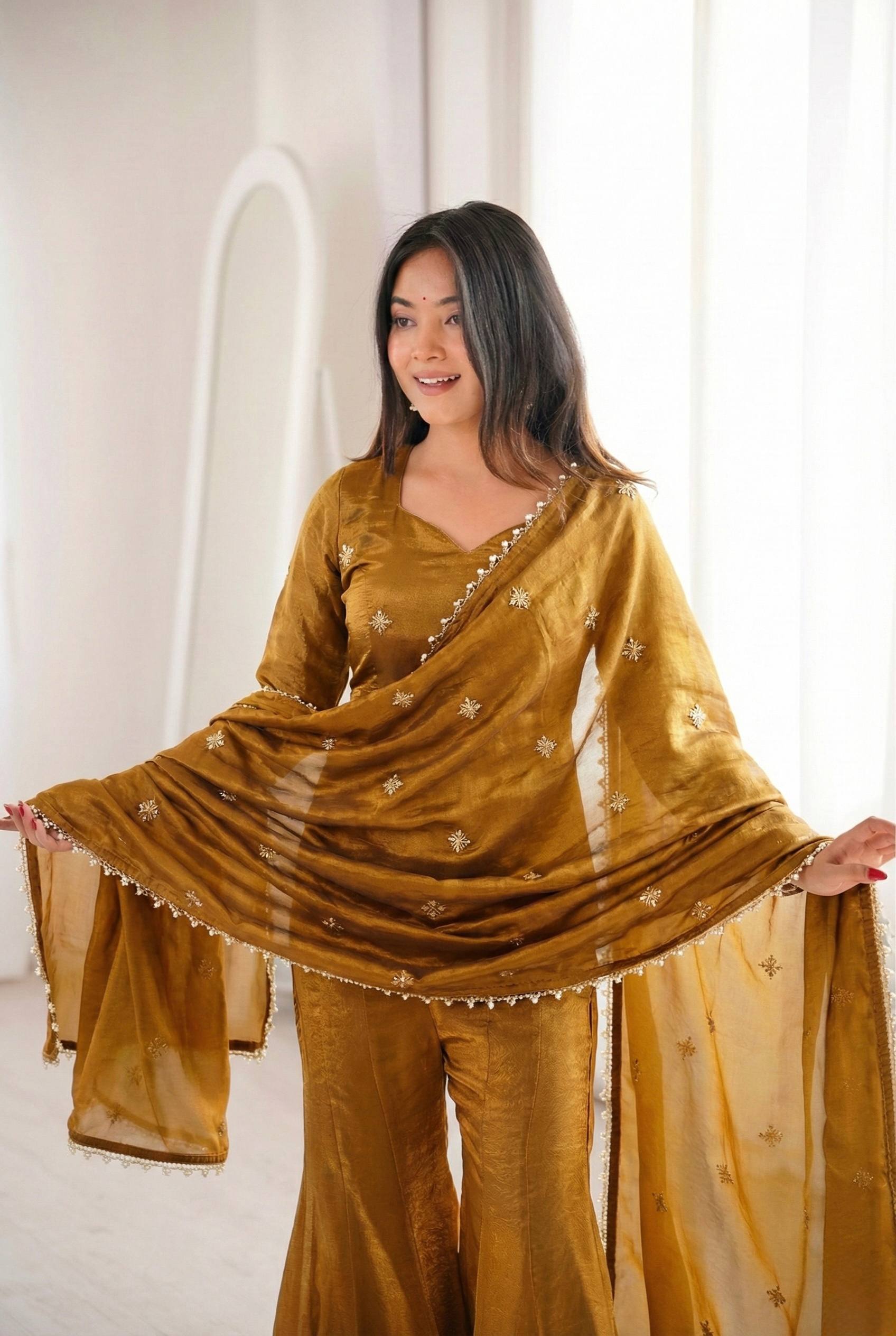 Fendy Silk Embroidered Sharara Suit Set with Dupatta (Ready to Wear | 3 Piece Set)