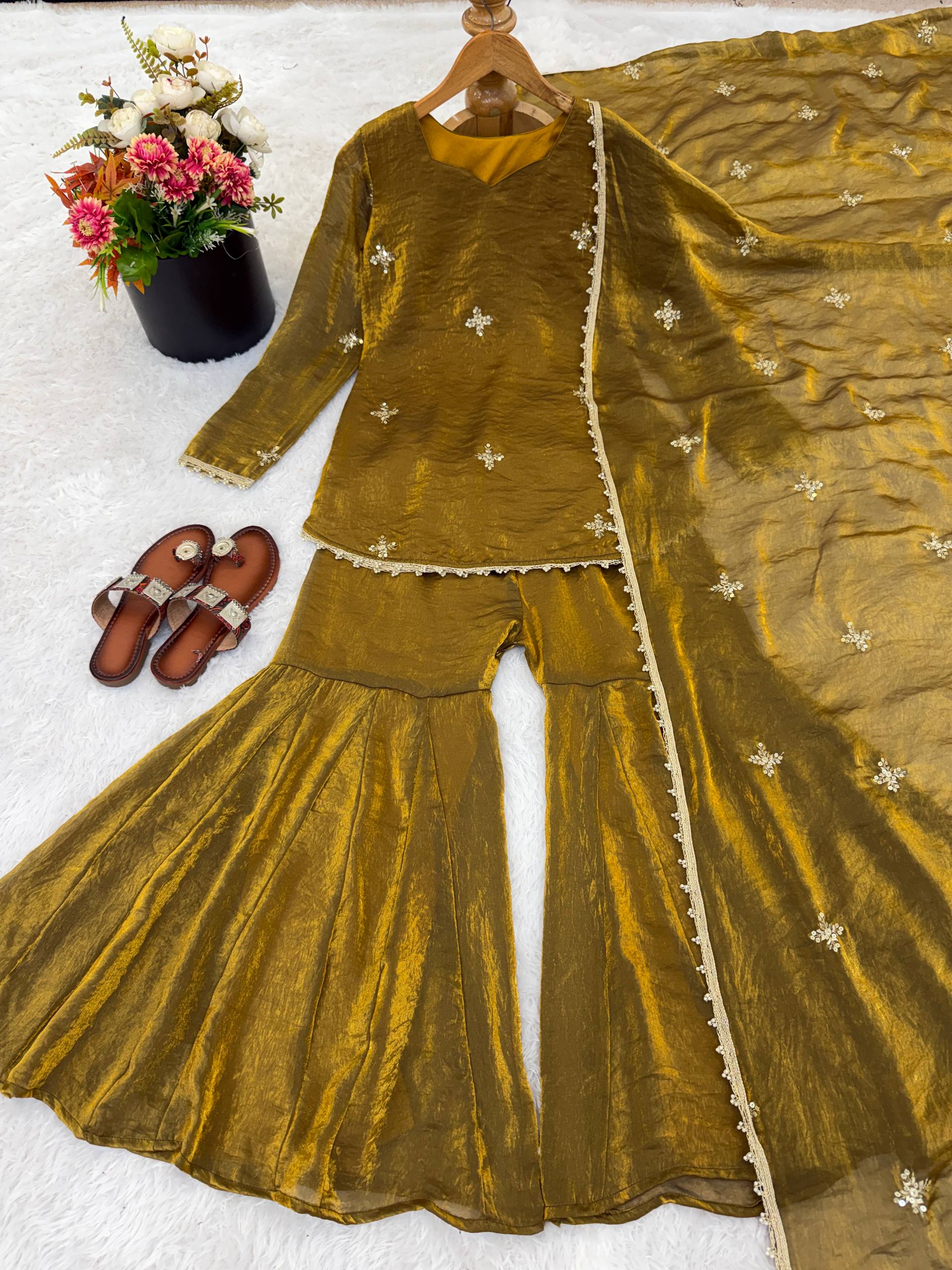 Fendy Silk Embroidered Sharara Suit Set with Dupatta (Ready to Wear | 3 Piece Set)