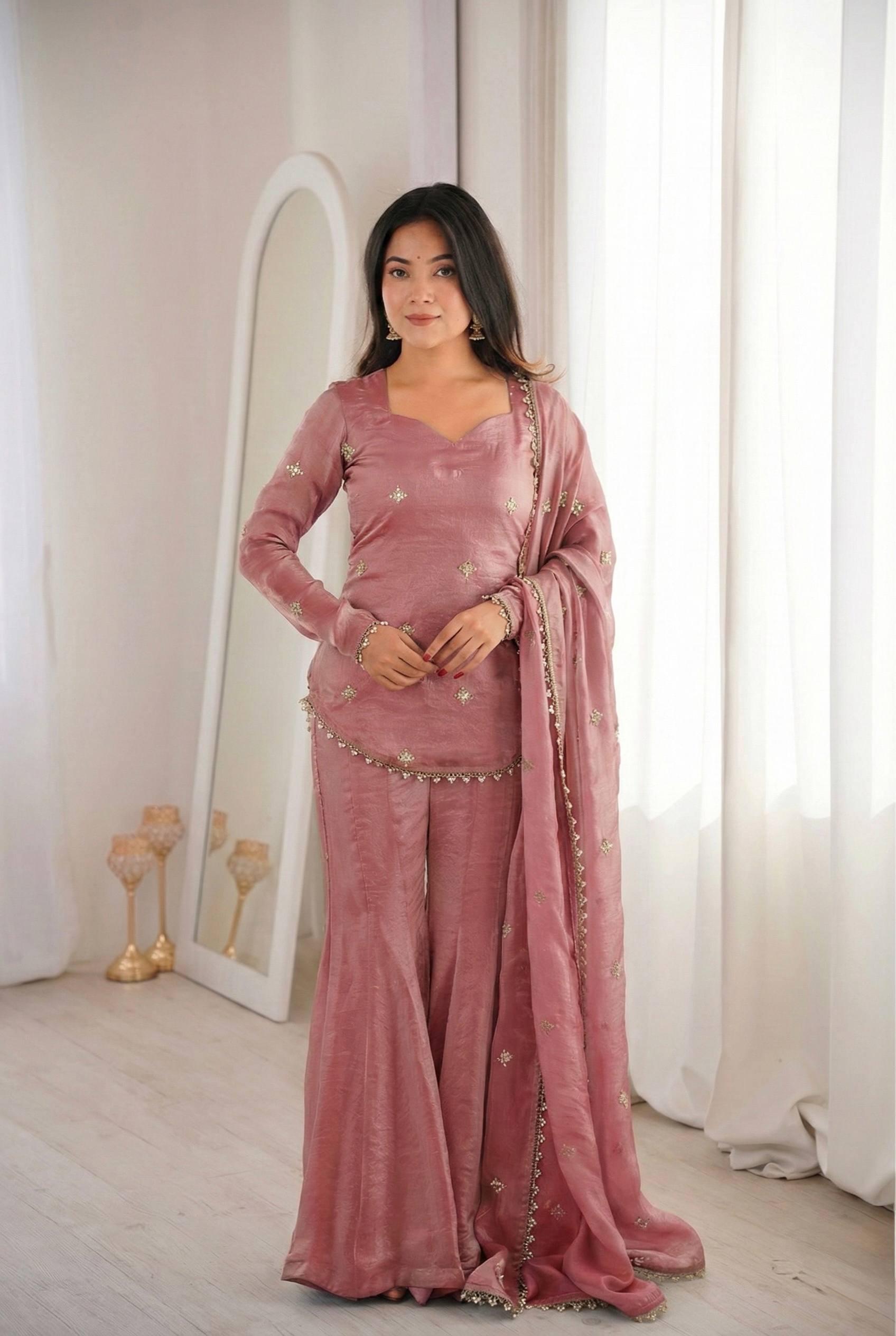 Fendy Silk Embroidered Sharara Suit Set with Dupatta (Ready to Wear | 3 Piece Set)