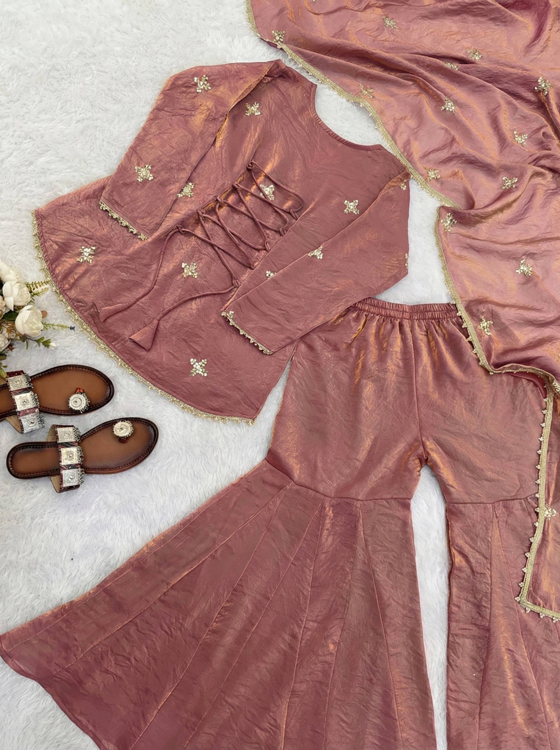Fendy Silk Embroidered Sharara Suit Set with Dupatta (Ready to Wear | 3 Piece Set)