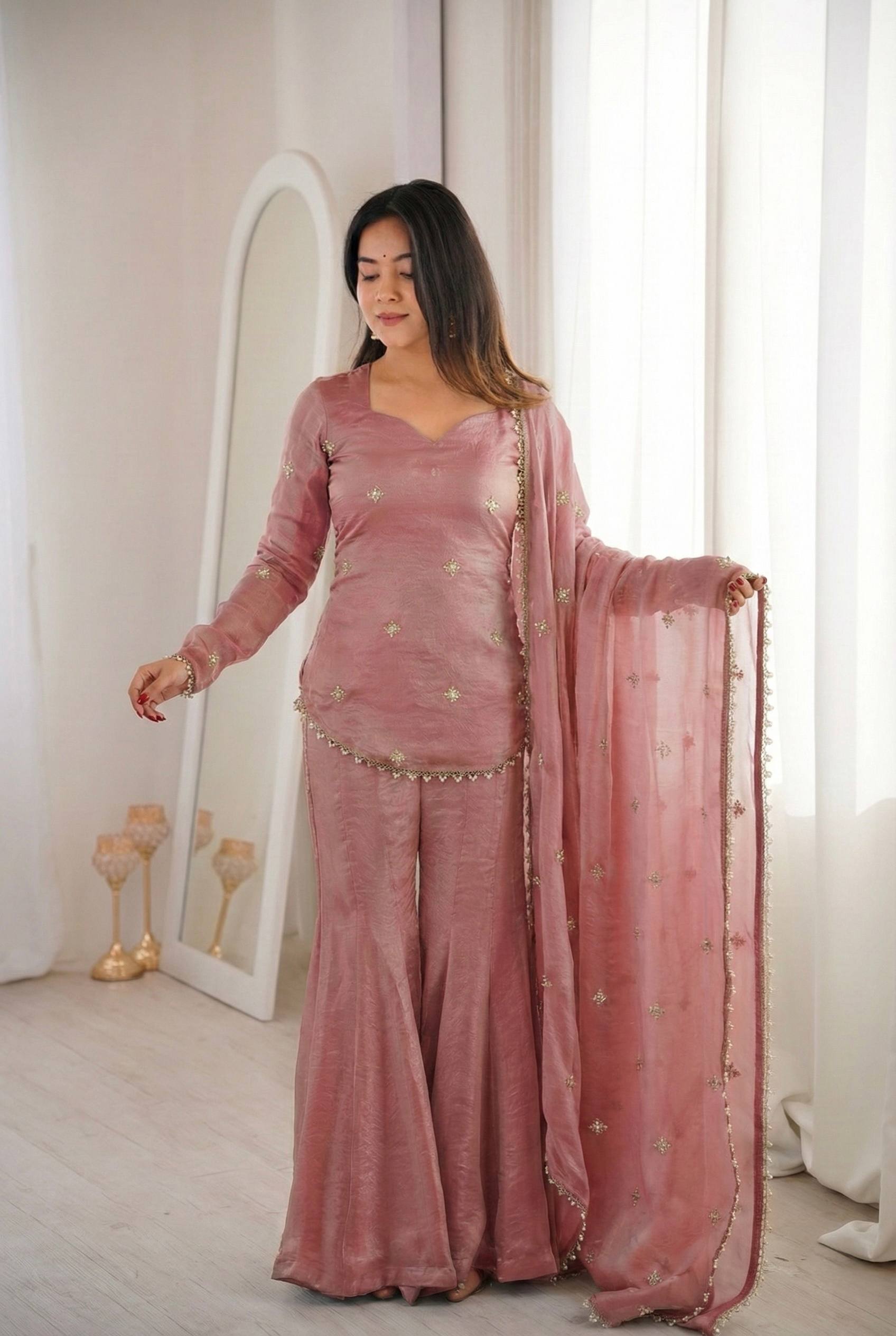 Fendy Silk Embroidered Sharara Suit Set with Dupatta (Ready to Wear | 3 Piece Set)