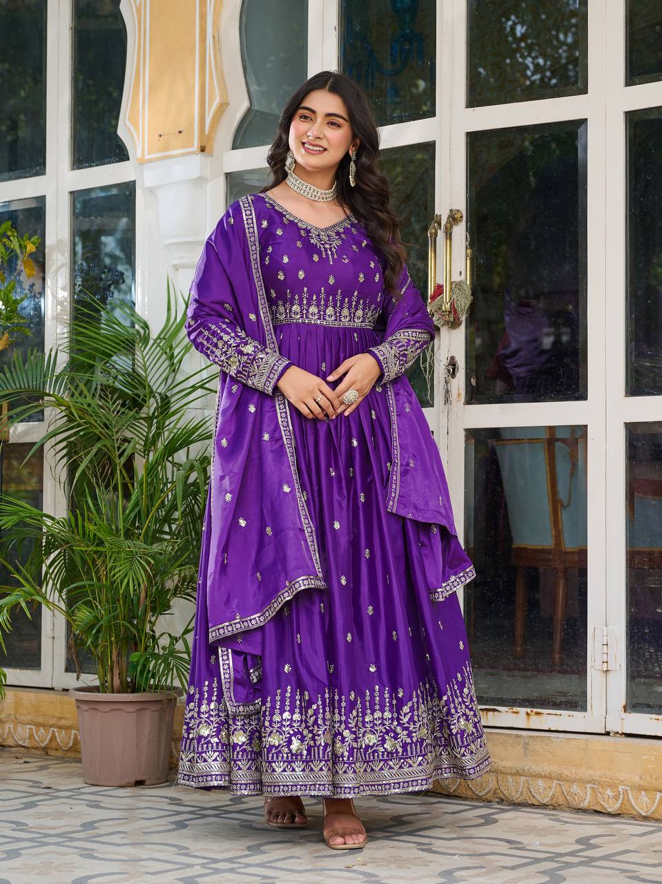 Designer Gown Set with Pant & Dupatta (3-Piece Set)