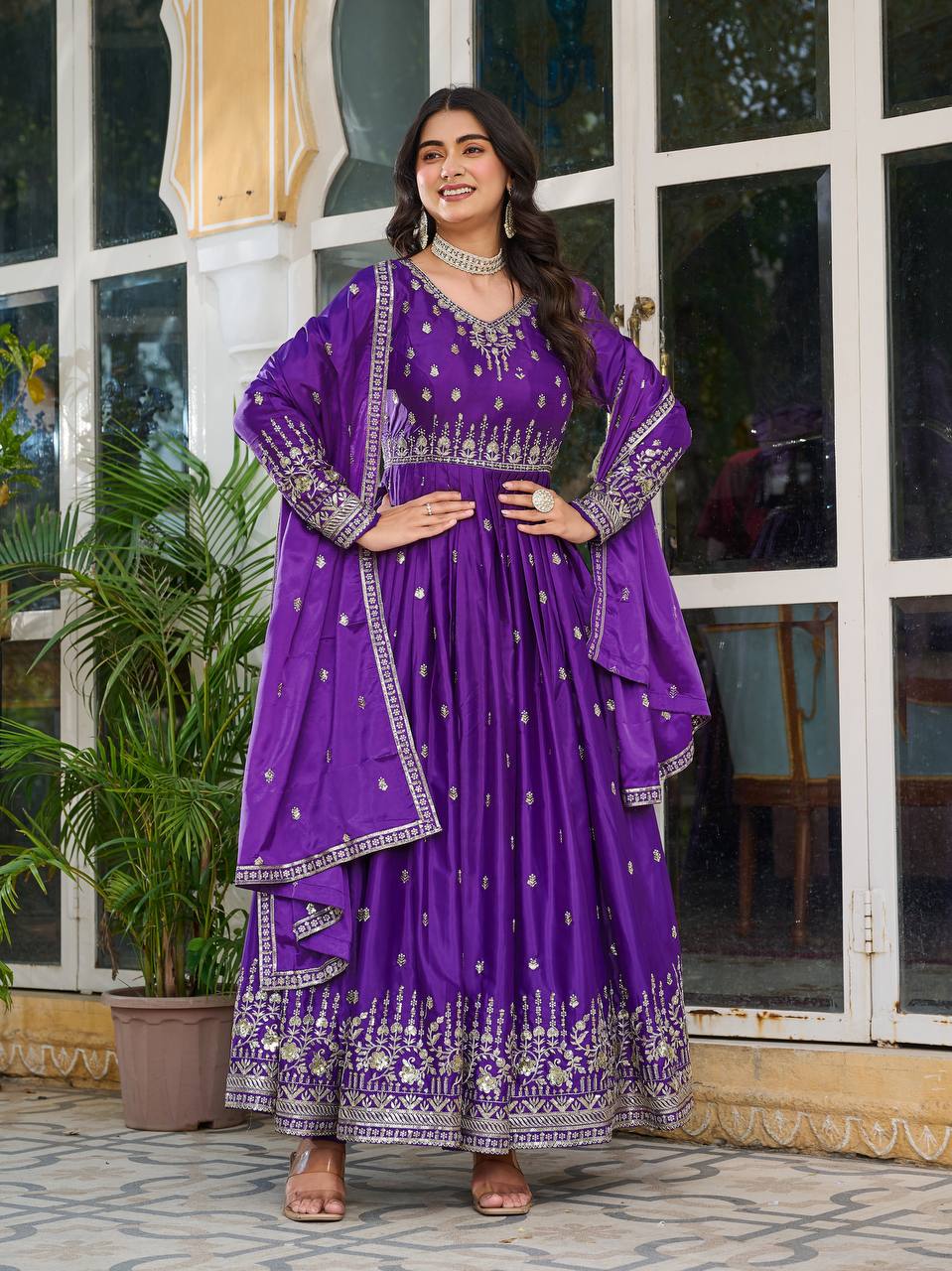 Designer Gown Set with Pant & Dupatta (3-Piece Set)