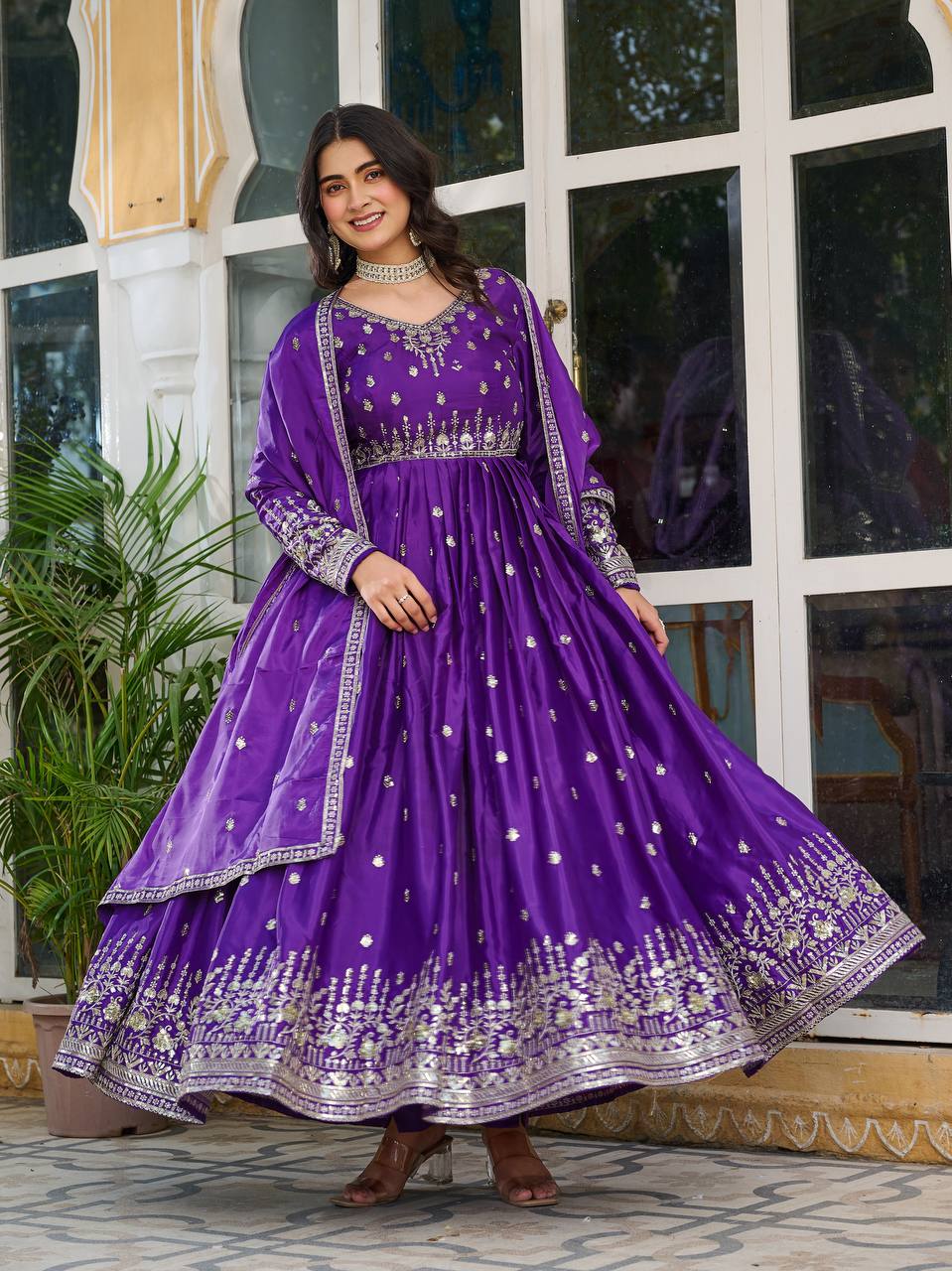 Designer Gown Set with Pant & Dupatta (3-Piece Set)