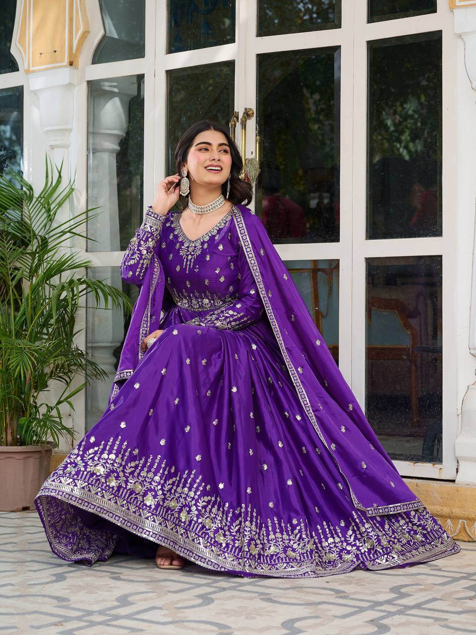 Designer Gown Set with Pant & Dupatta (3-Piece Set)