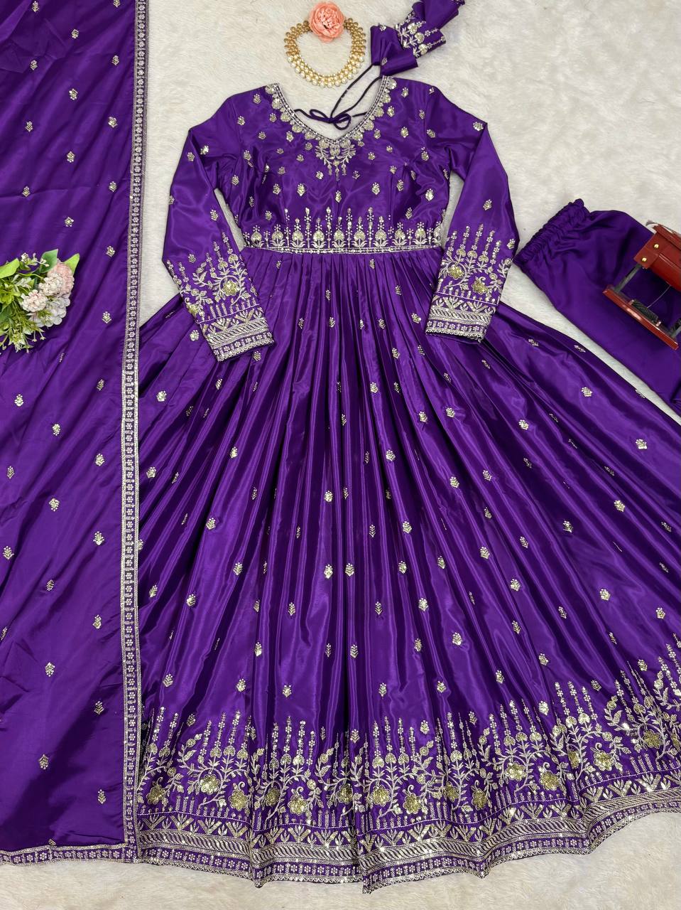 Designer Gown Set with Pant & Dupatta (3-Piece Set)