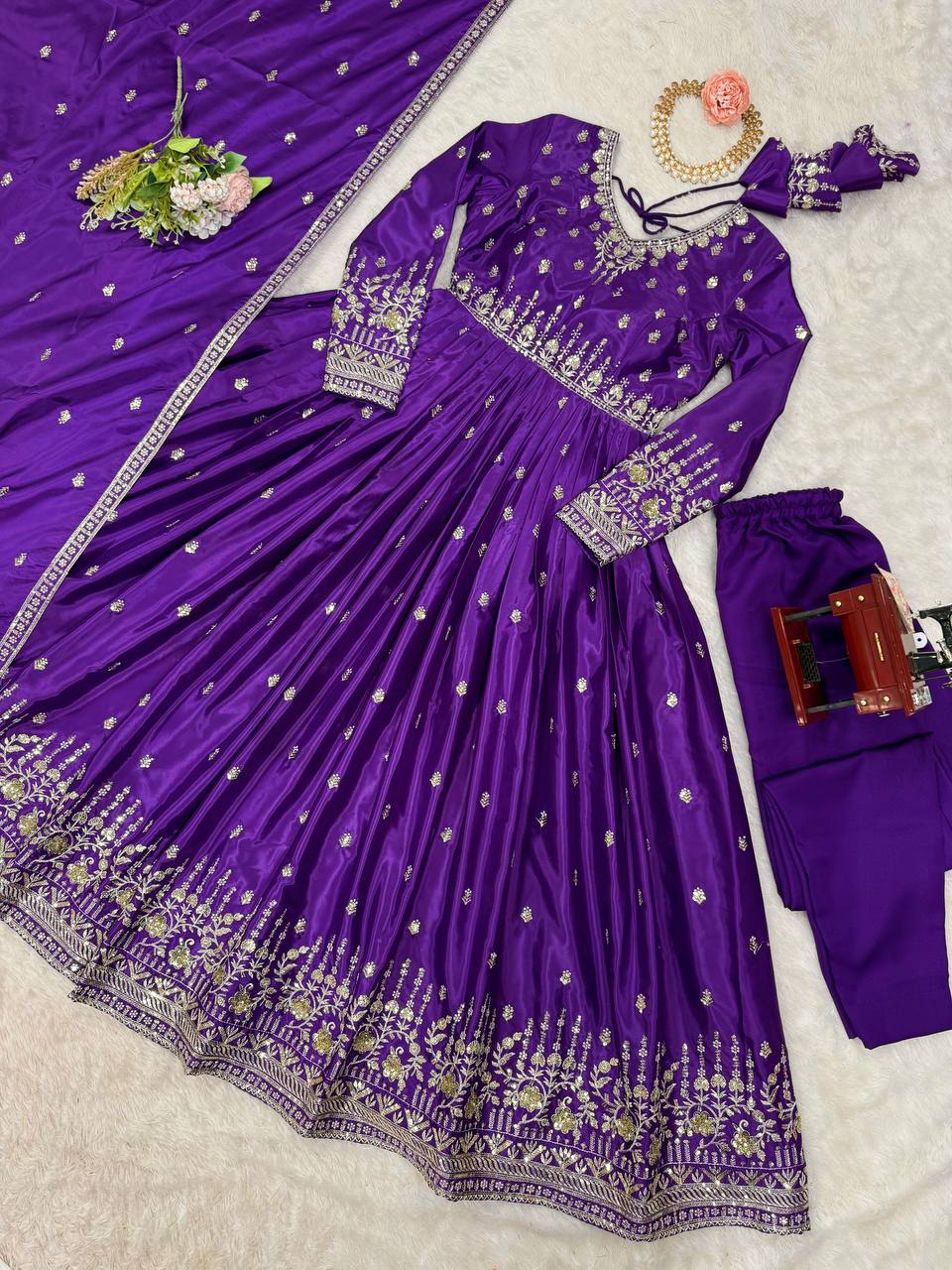 Designer Gown Set with Pant & Dupatta (3-Piece Set)