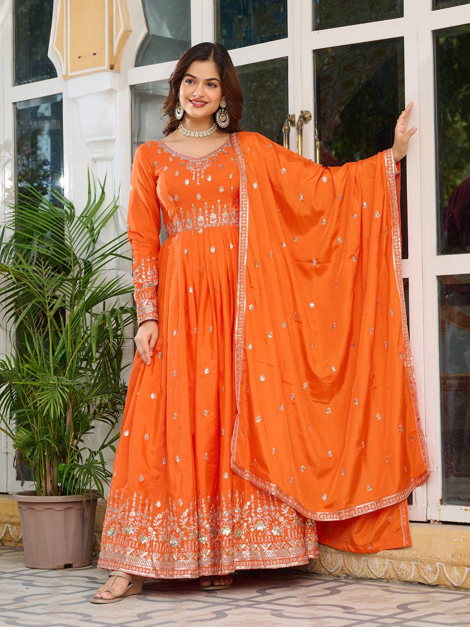 Designer Gown Set with Pant & Dupatta (3-Piece Set)