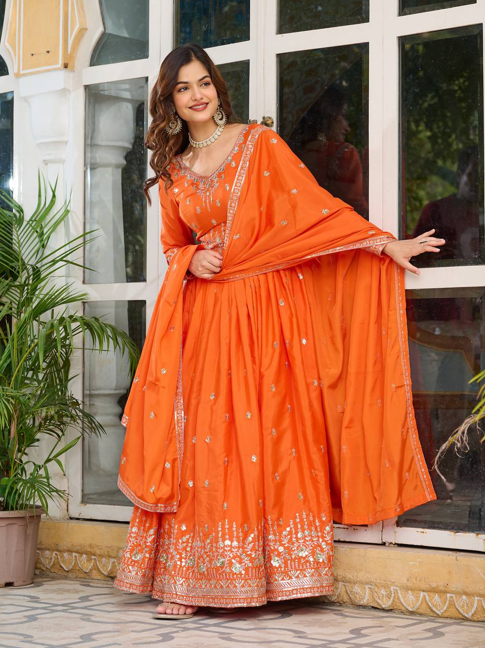 Designer Gown Set with Pant & Dupatta (3-Piece Set)