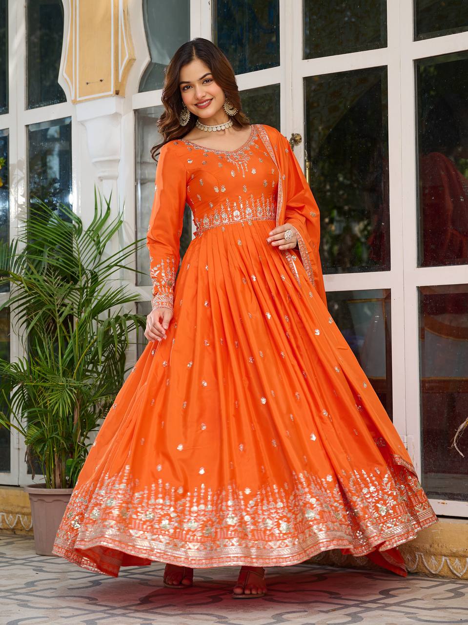 Designer Gown Set with Pant & Dupatta (3-Piece Set)