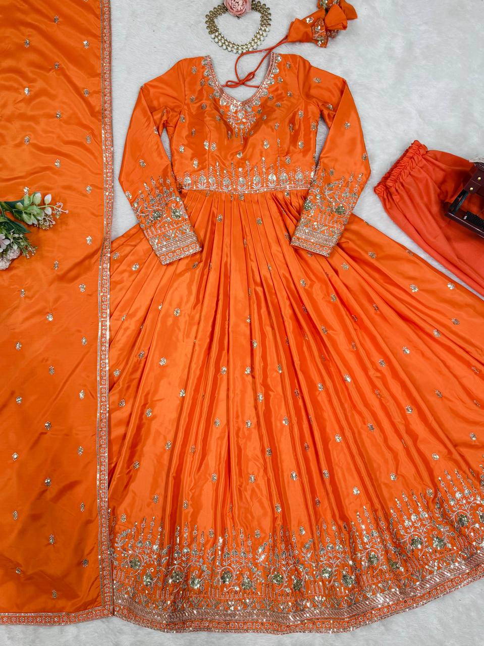Designer Gown Set with Pant & Dupatta (3-Piece Set)