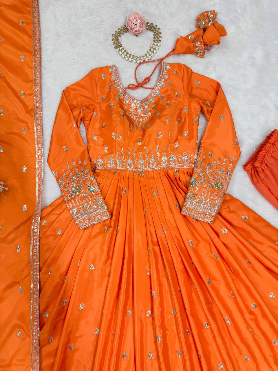 Designer Gown Set with Pant & Dupatta (3-Piece Set)