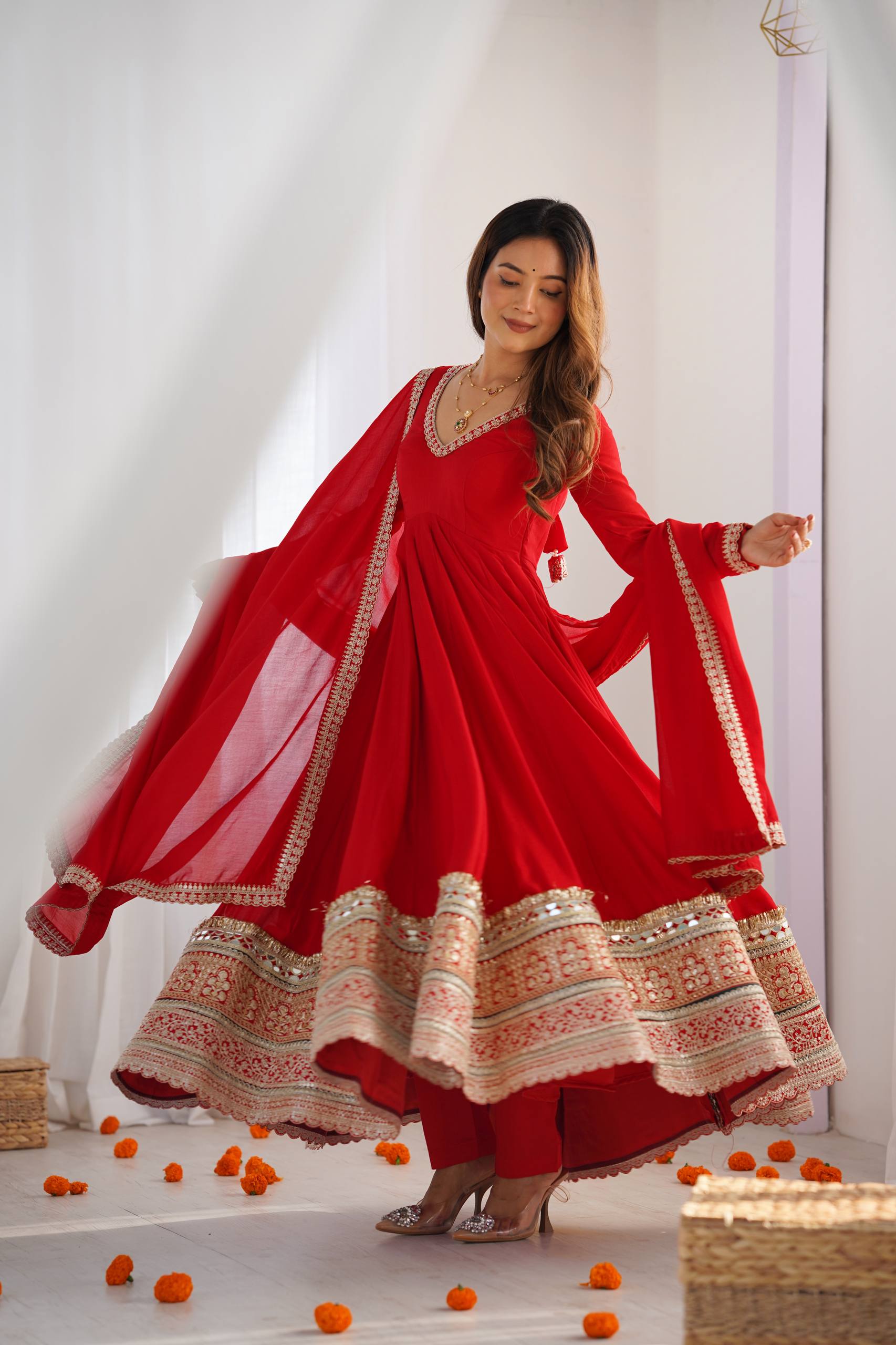 Premium Pure Blooming Vichitra Silk Fully Flared Anarkali Gown with Dupatta & Pant