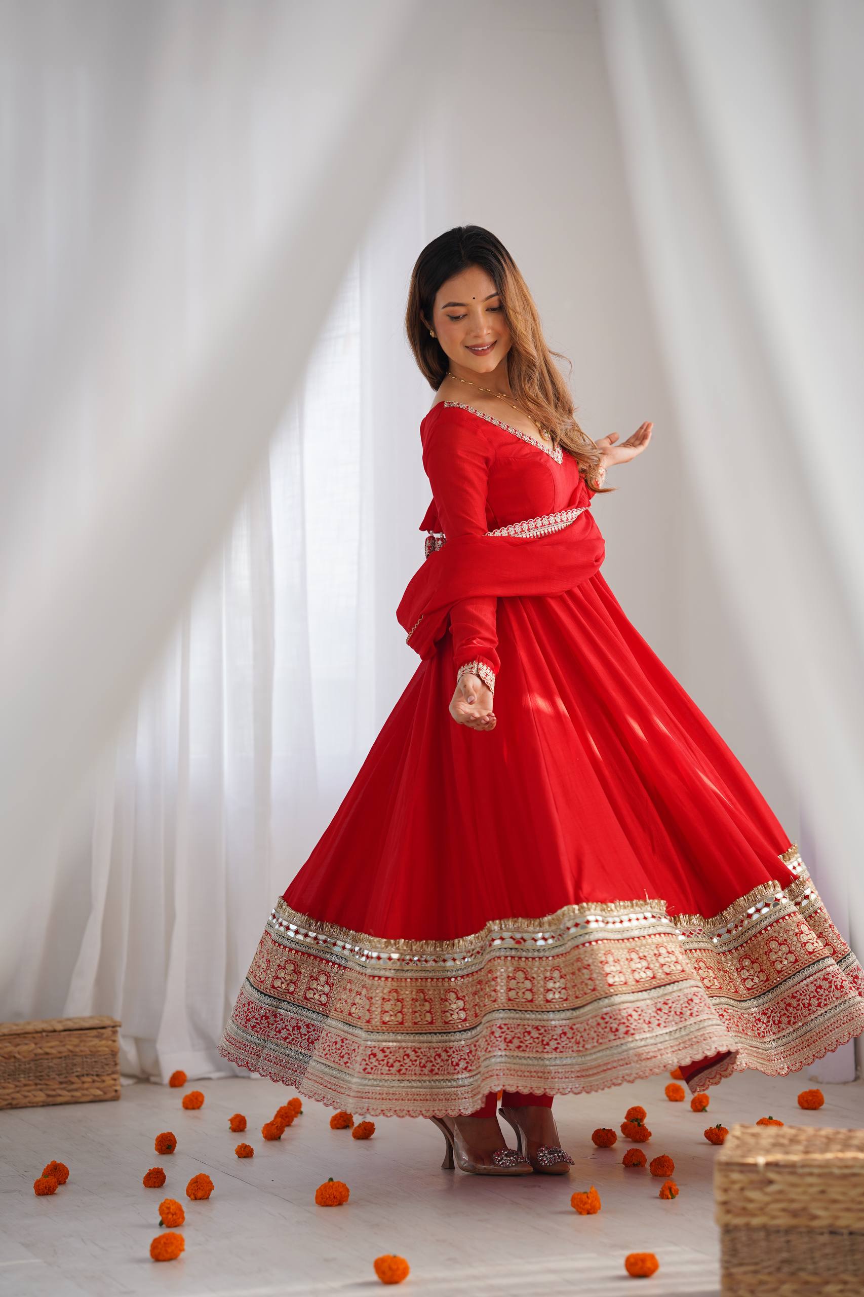 Premium Pure Blooming Vichitra Silk Fully Flared Anarkali Gown with Dupatta & Pant