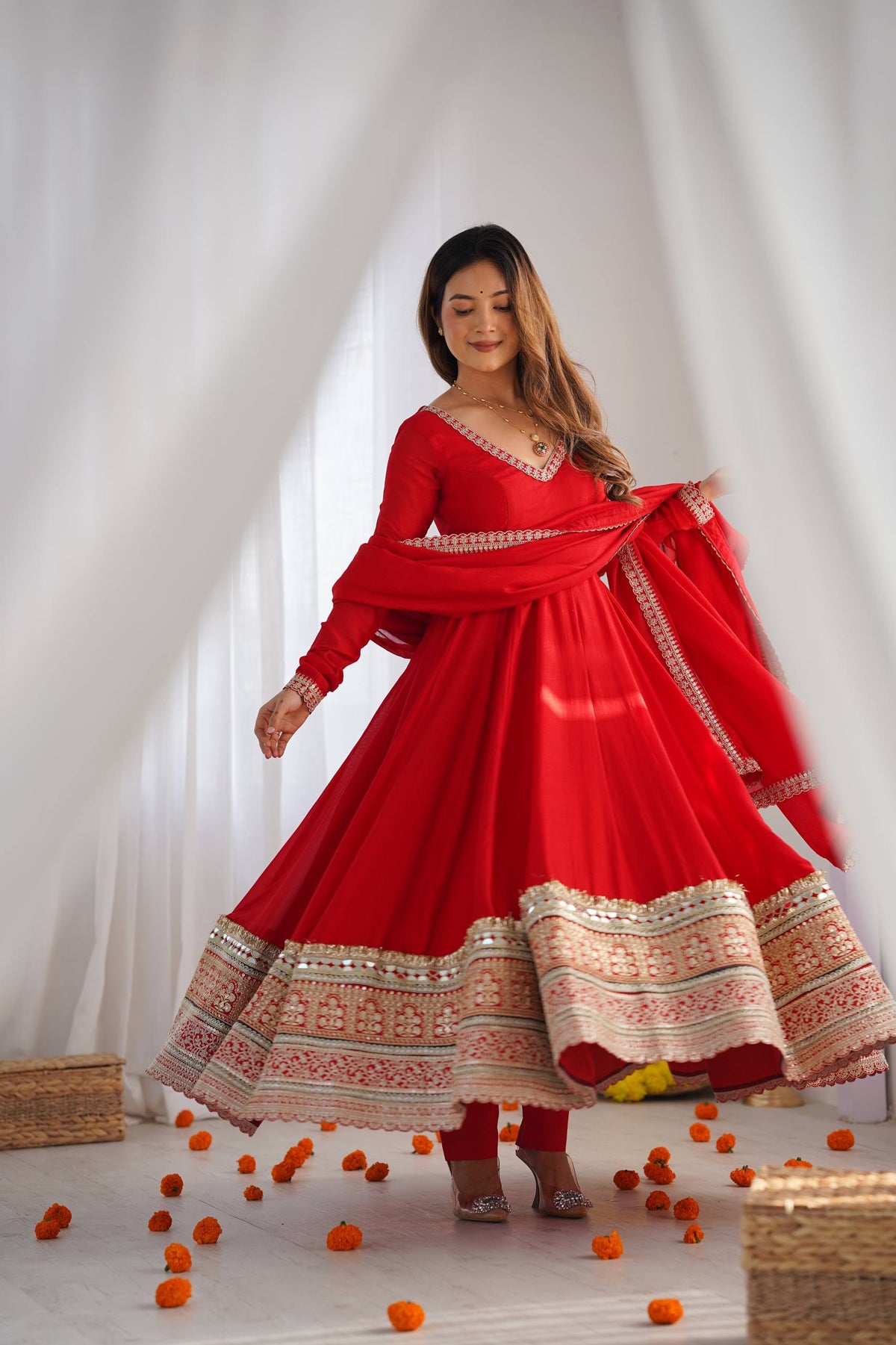 Premium Pure Blooming Vichitra Silk Fully Flared Anarkali Gown with Dupatta & Pant
