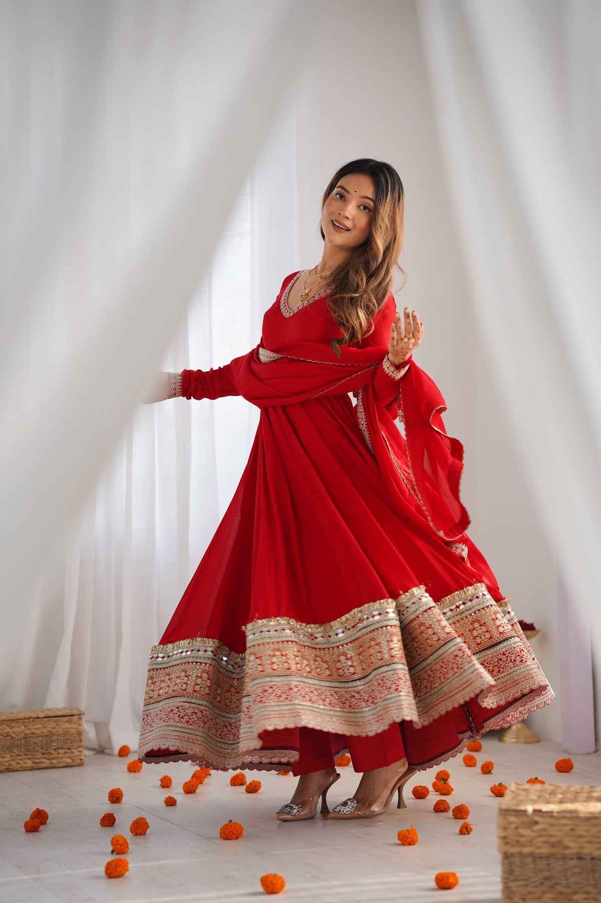 Premium Pure Blooming Vichitra Silk Fully Flared Anarkali Gown with Dupatta & Pant