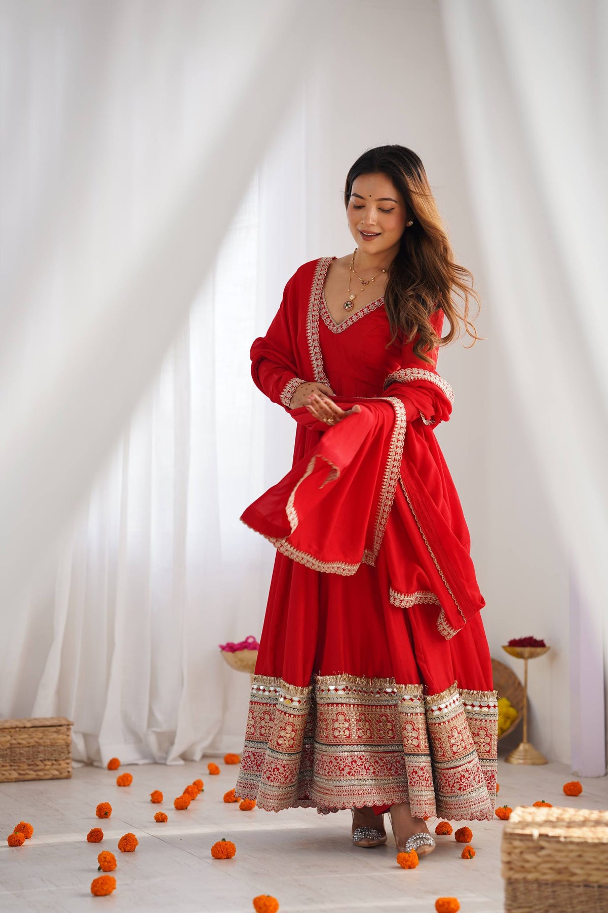 Premium Pure Blooming Vichitra Silk Fully Flared Anarkali Gown with Dupatta & Pant