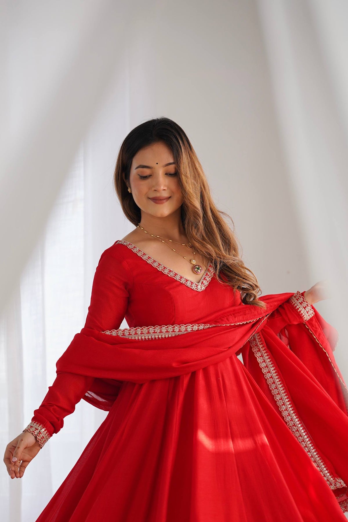 Premium Pure Blooming Vichitra Silk Fully Flared Anarkali Gown with Dupatta & Pant