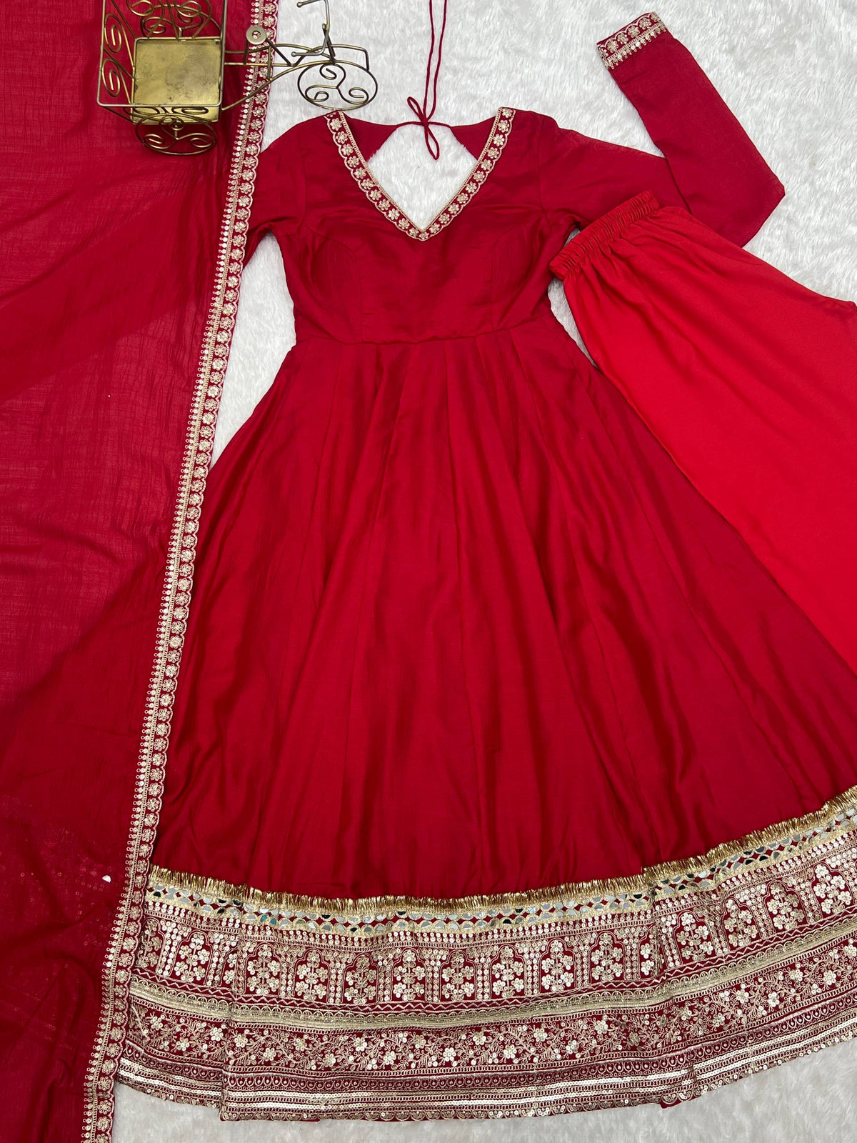Premium Pure Blooming Vichitra Silk Fully Flared Anarkali Gown with Dupatta & Pant