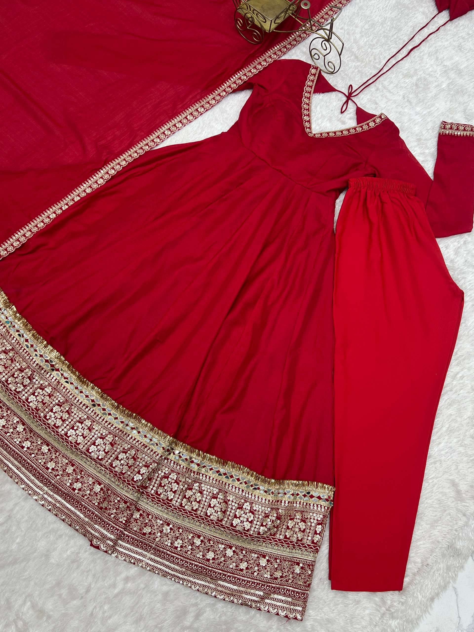 Premium Pure Blooming Vichitra Silk Fully Flared Anarkali Gown with Dupatta & Pant