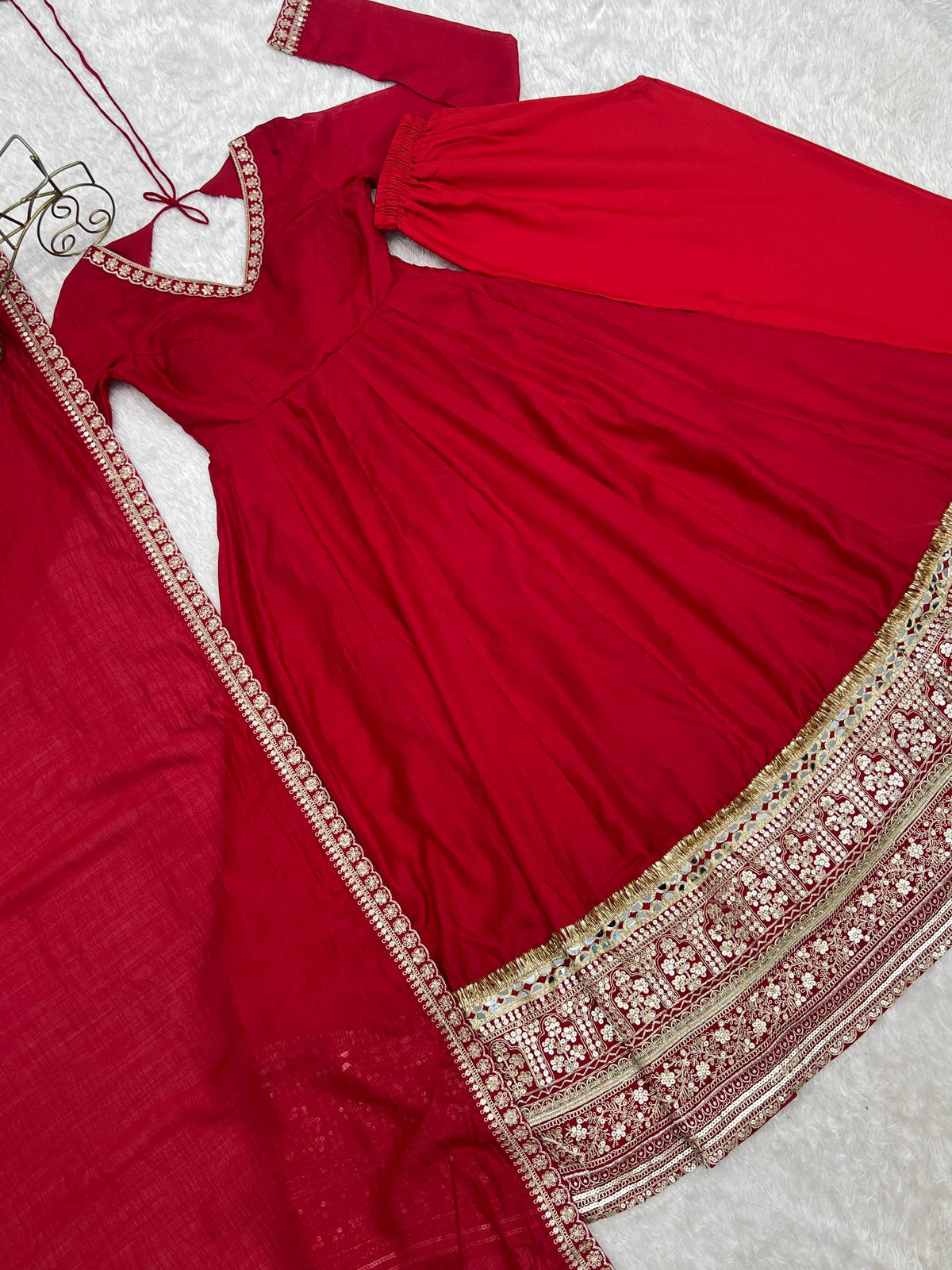 Premium Pure Blooming Vichitra Silk Fully Flared Anarkali Gown with Dupatta & Pant