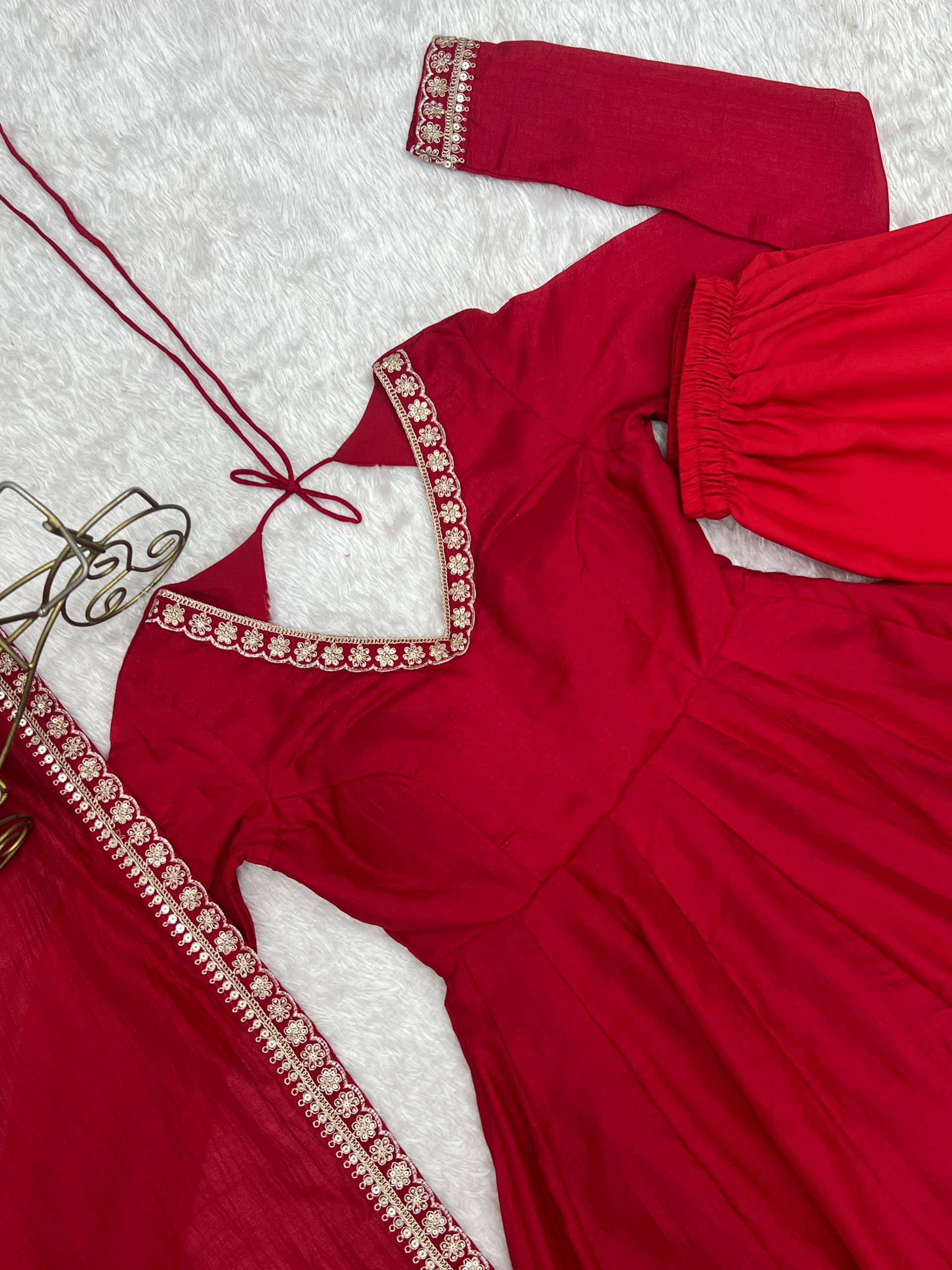 Premium Pure Blooming Vichitra Silk Fully Flared Anarkali Gown with Dupatta & Pant