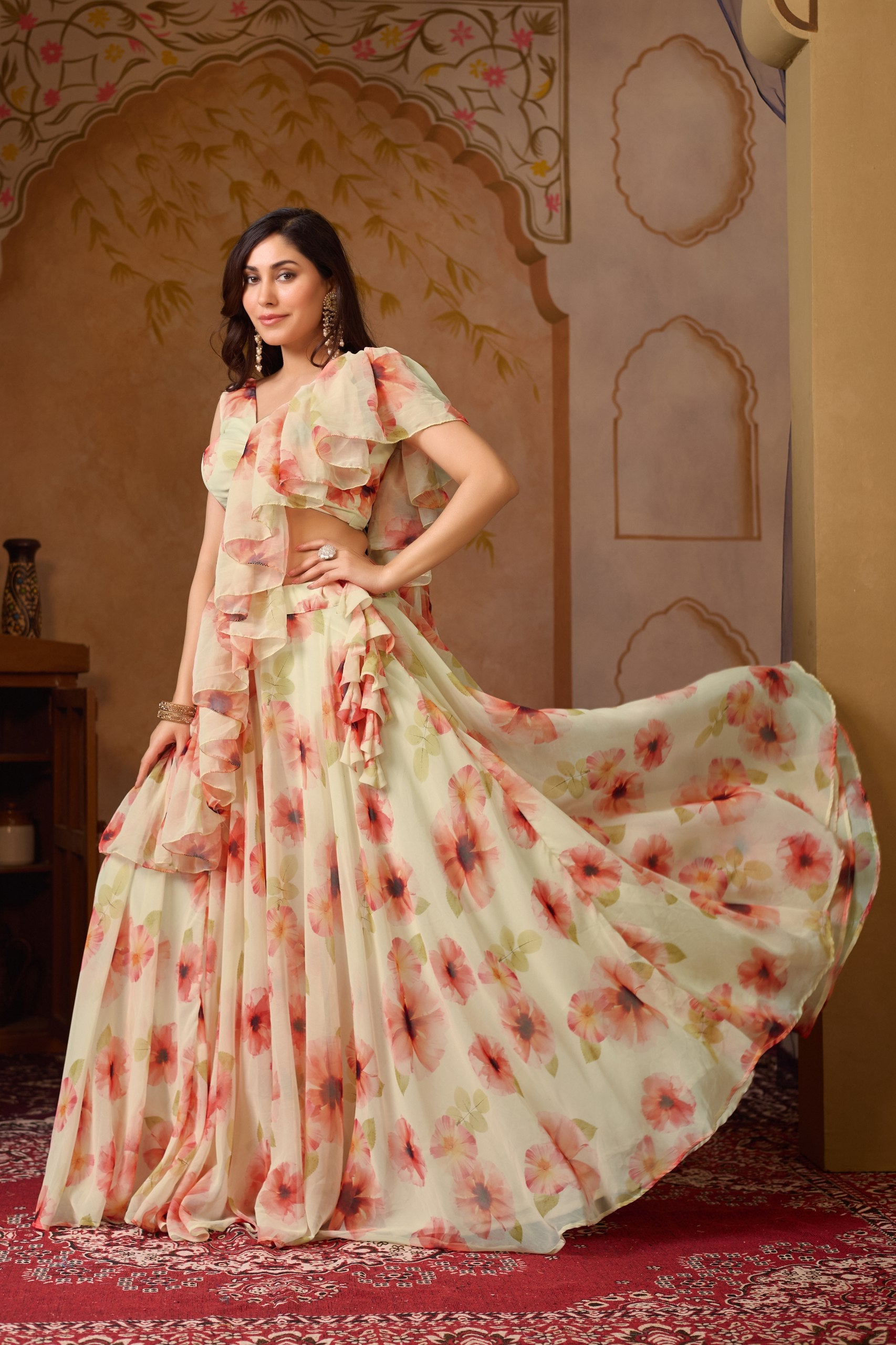 Floral Digital Print Georgette Lehenga Set with Dupatta