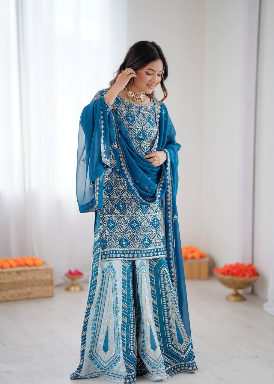 Faux Georgette Lehenga Set with Embroidered Top & Dupatta