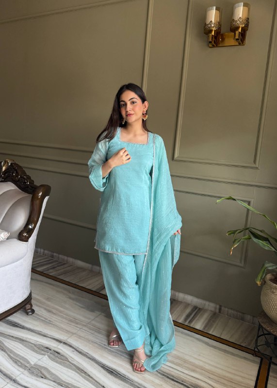 Crunchy Silk Kurta Set with Swarovski Work, Salwar & Designer Dupatta