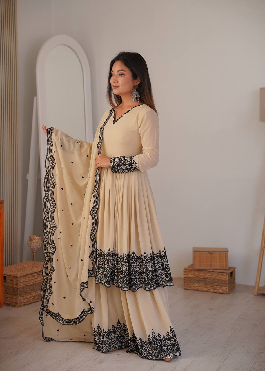 Embroidered Faux Georgette Suit Set with Palazzo & Dupatta