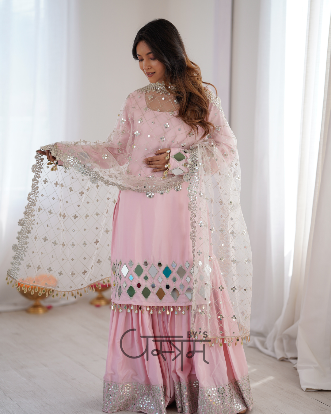Premium French Crepe Mirror Work Sharara Suit Set with Net Dupatta