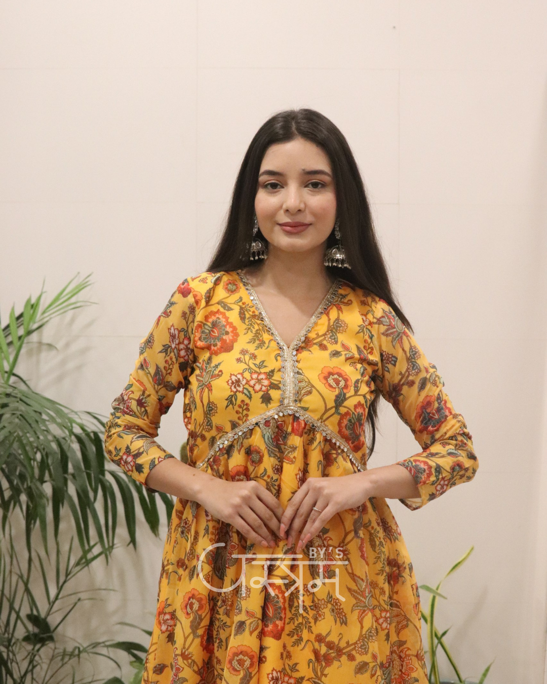 Mustard Yellow Organza Silk Digital Print Kurti Palazzo Set – Haldi Special