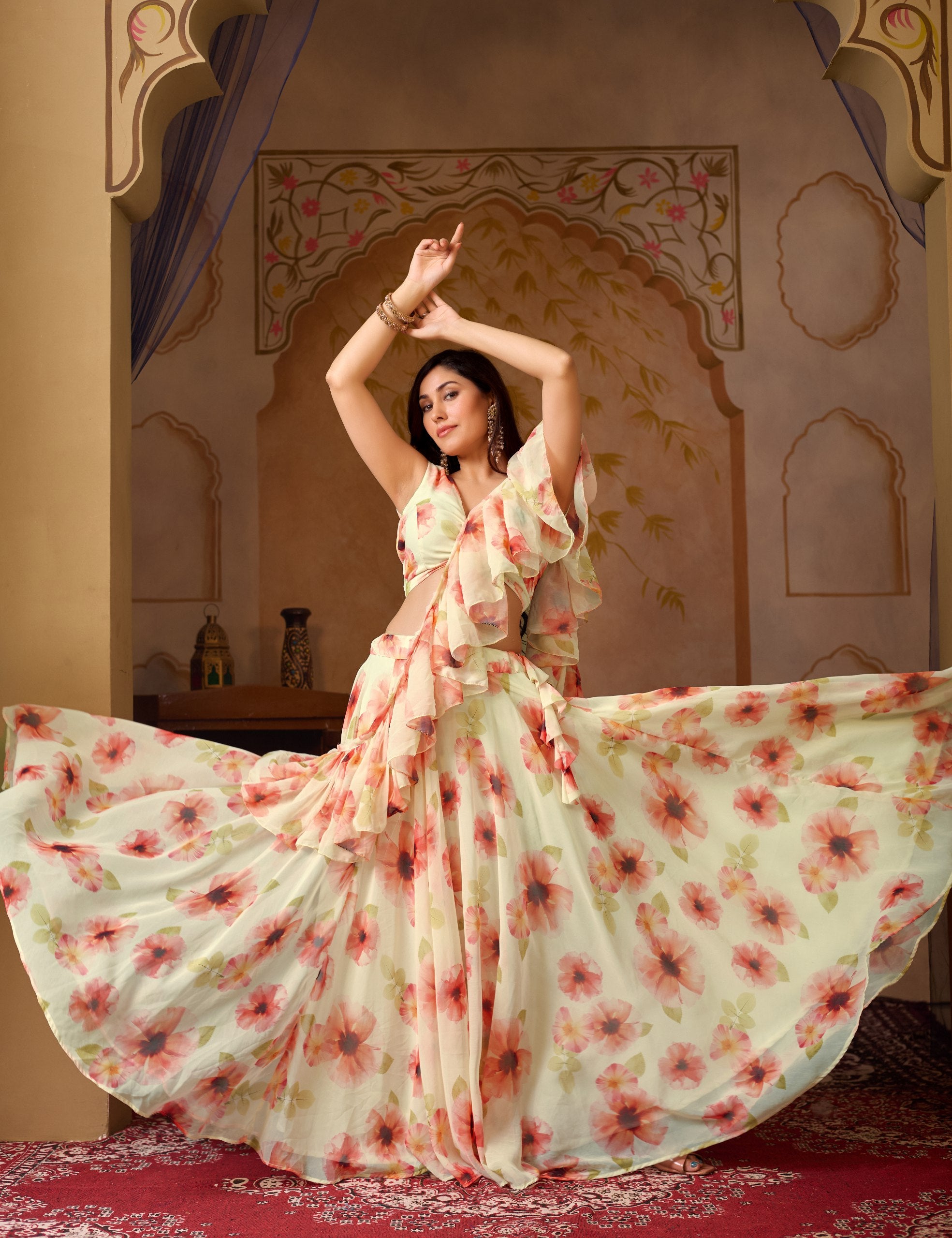 Floral Digital Print Georgette Lehenga Set with Dupatta