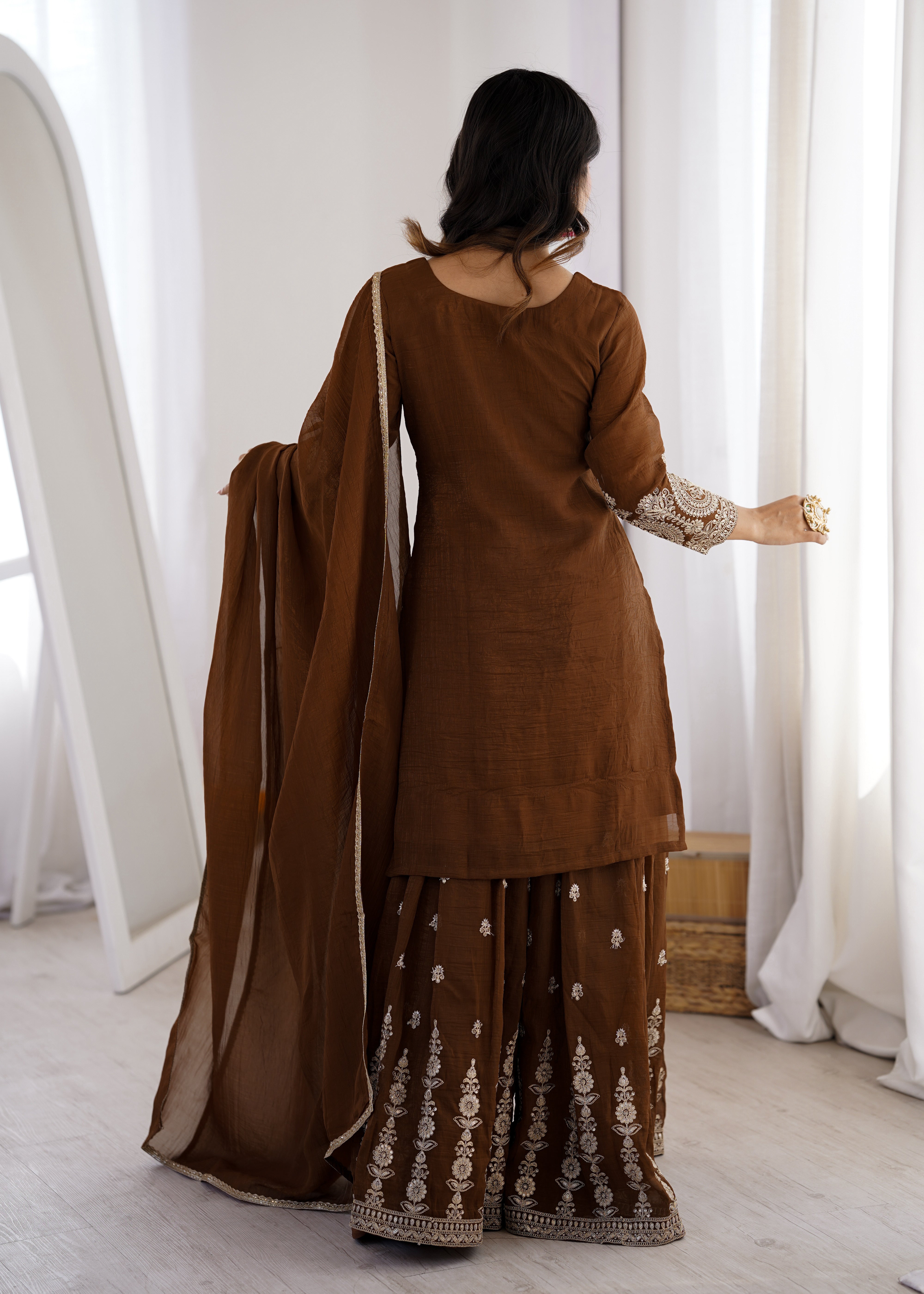 Crunchy Silk Embroidered Sharara Suit Set with Designer Dupatta