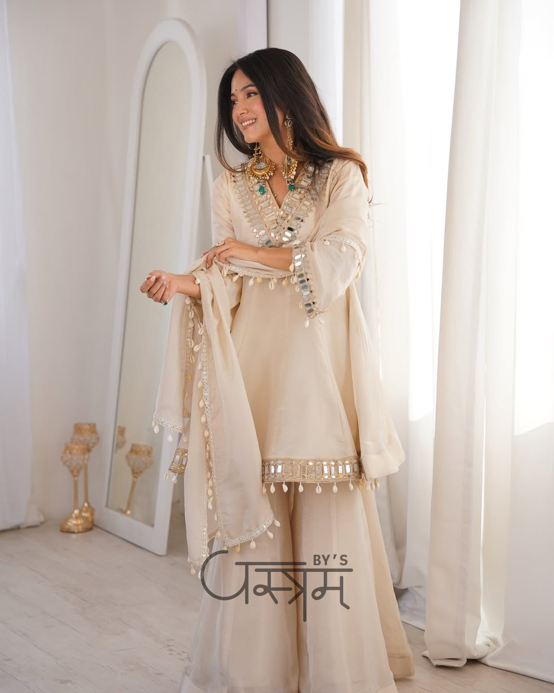 Premium Chinon Real Mirror Work Palazzo Set with Kodi Lace Dupatta