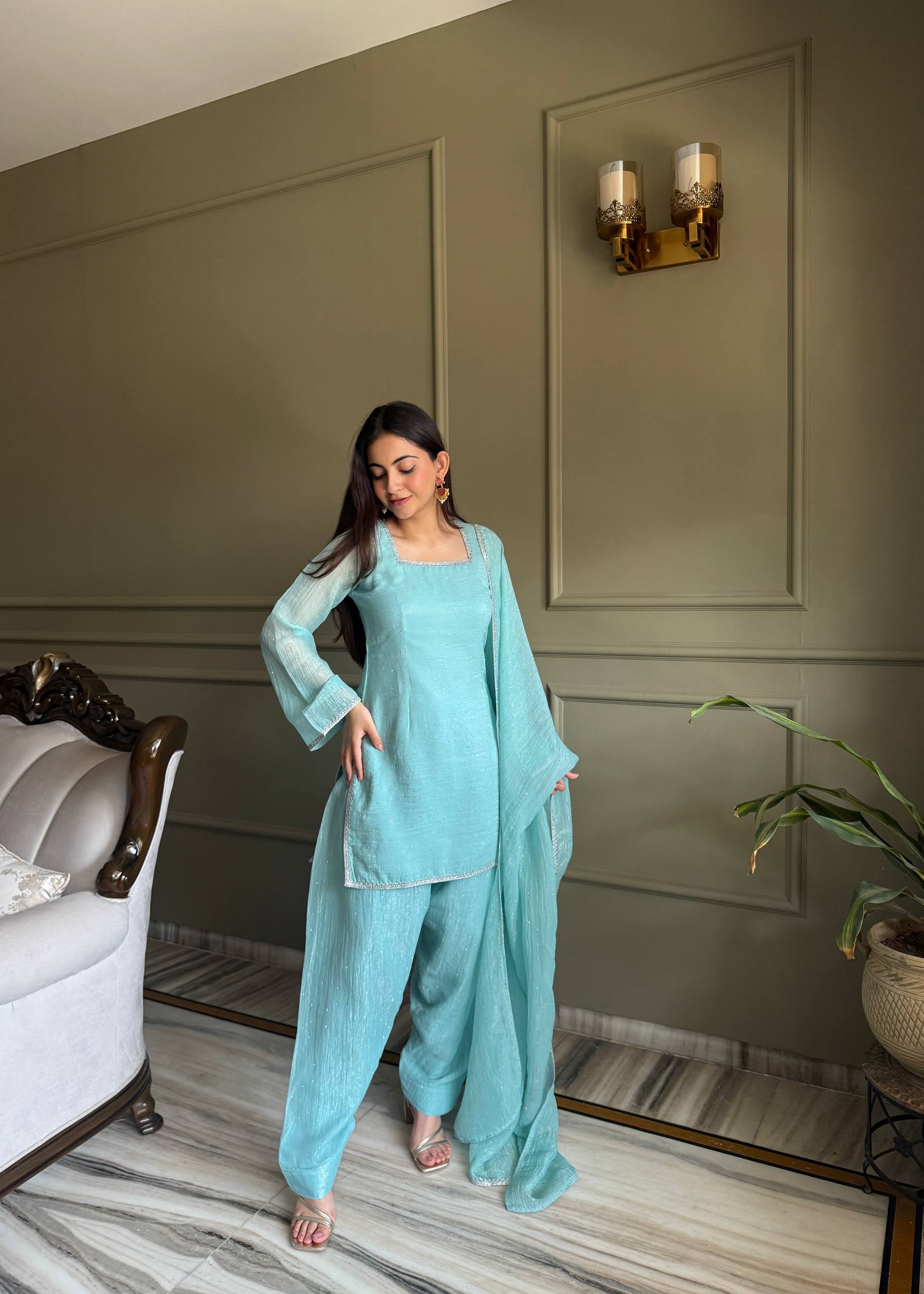 Crunchy Silk Kurta Set with Swarovski Work, Salwar & Designer Dupatta