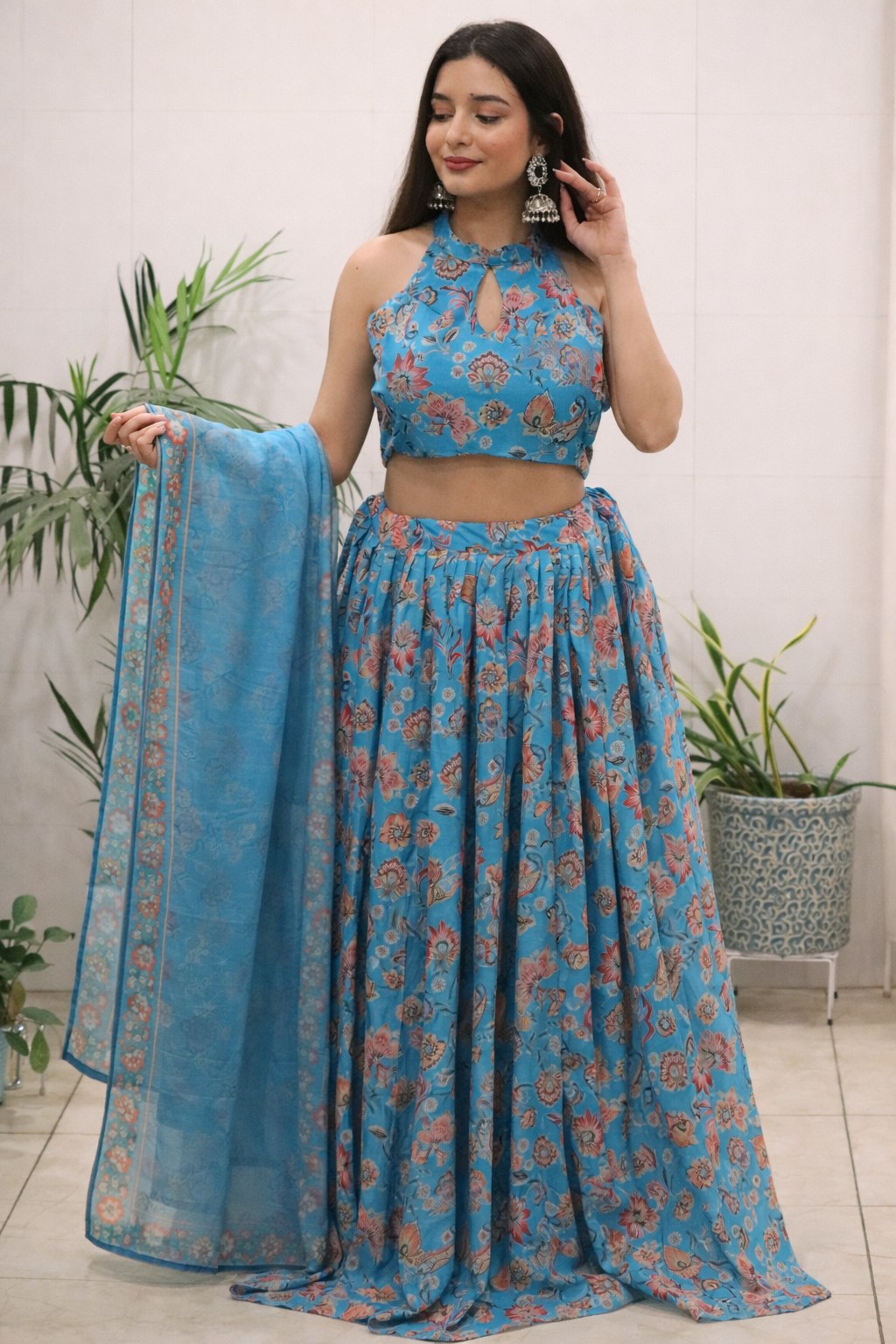 Blue Floral Lehenga Set with Halter Neck Blouse & Dupatta