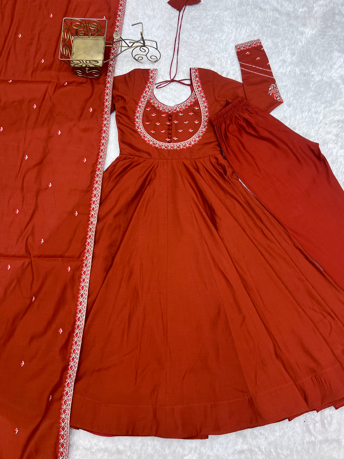 Premium Pure Silk 16 Kali Flared Anarkali Gown with Embroidered Dupatta & Pant Set