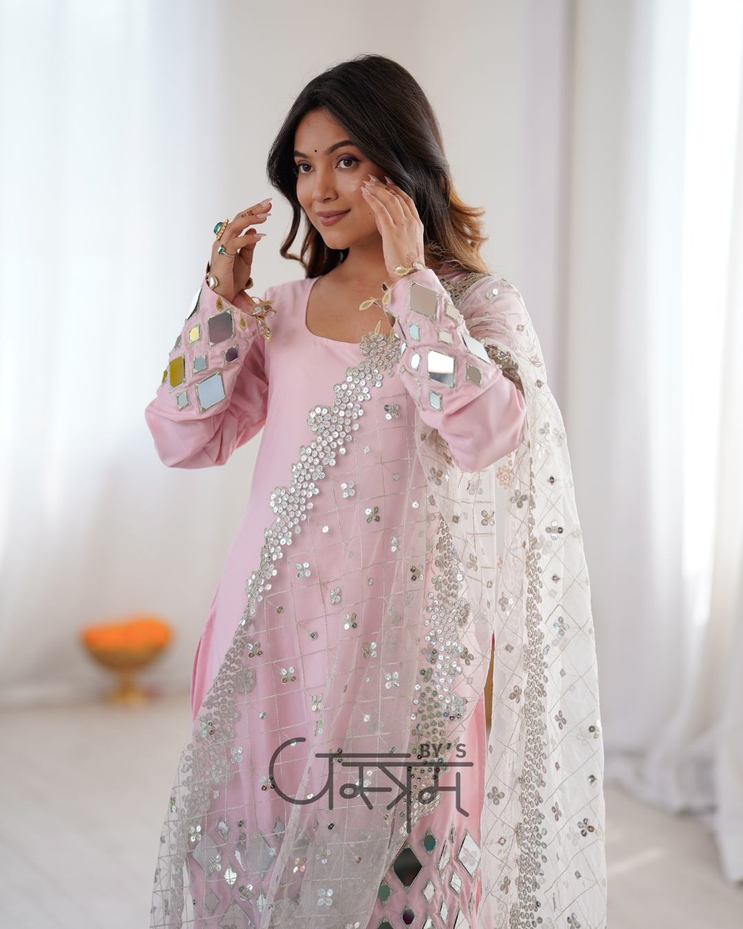 Premium French Crepe Mirror Work Sharara Suit Set with Net Dupatta