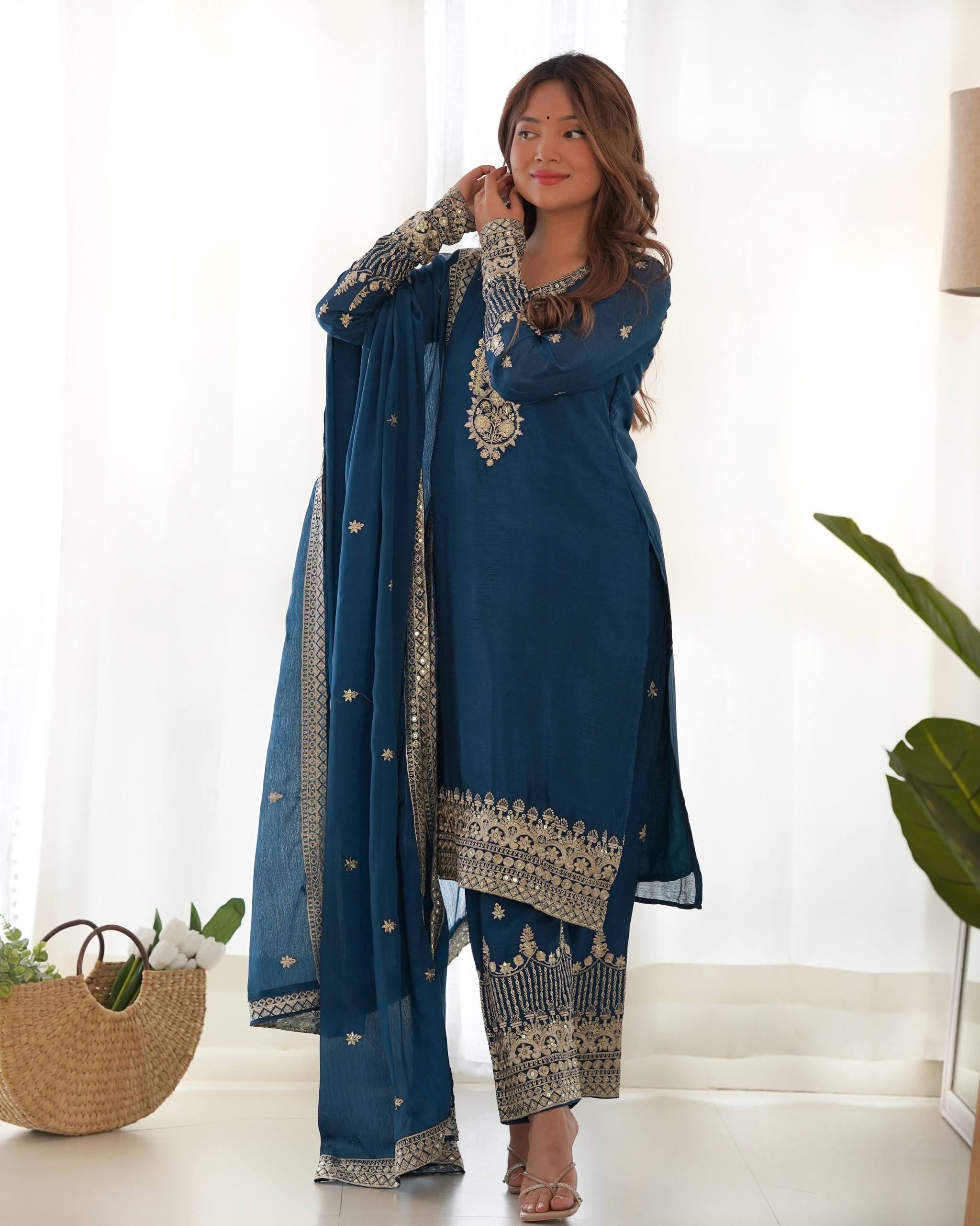 Chinon Silk Embroidered Kurta Set with Pant & Designer Dupatta