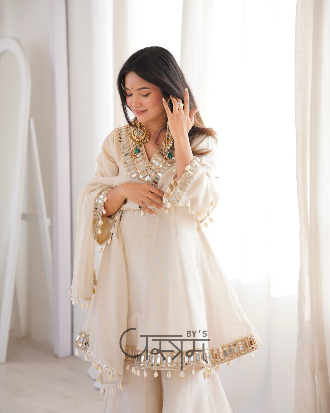 Premium Chinon Real Mirror Work Palazzo Set with Kodi Lace Dupatta