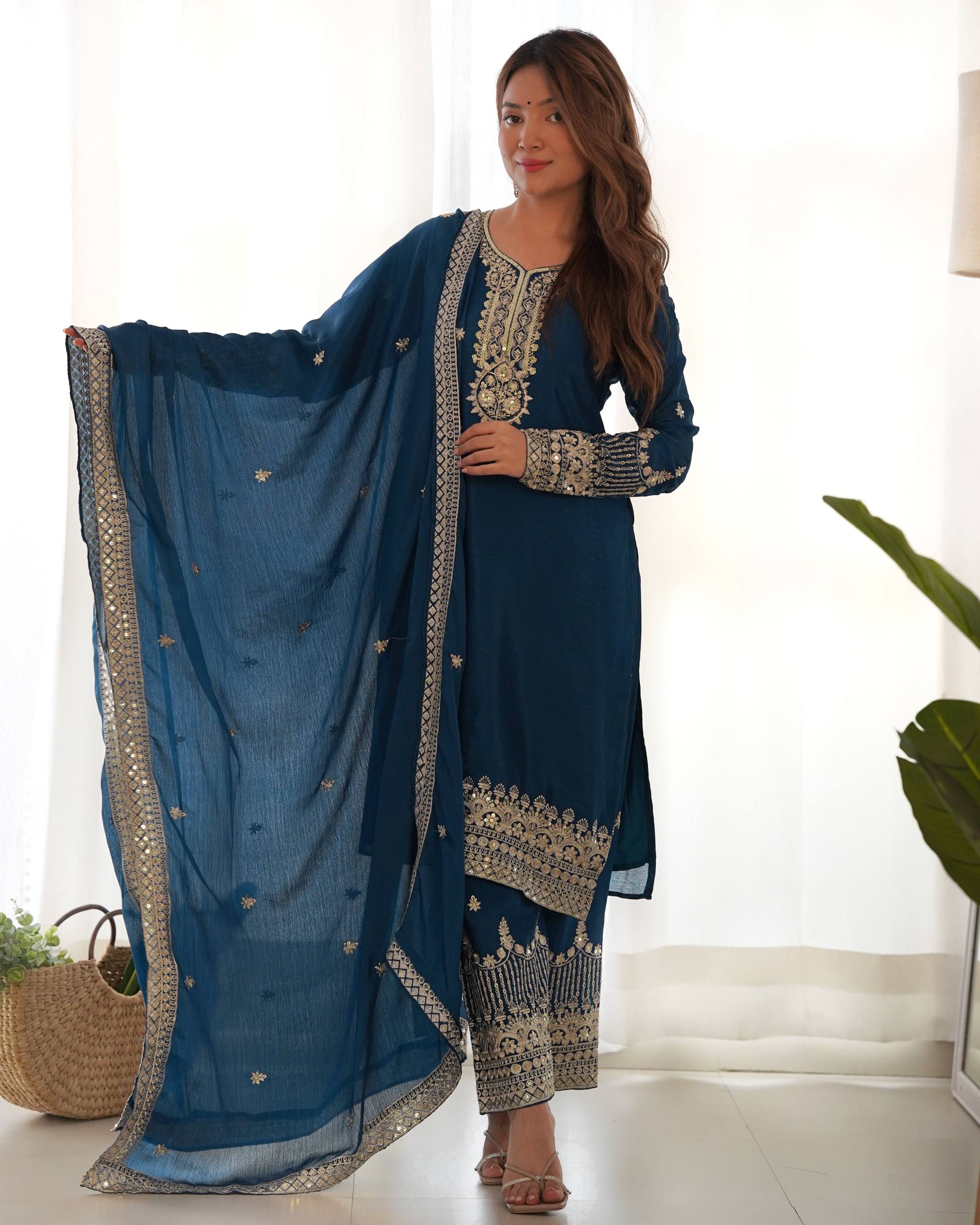 Chinon Silk Embroidered Kurta Set with Pant & Designer Dupatta