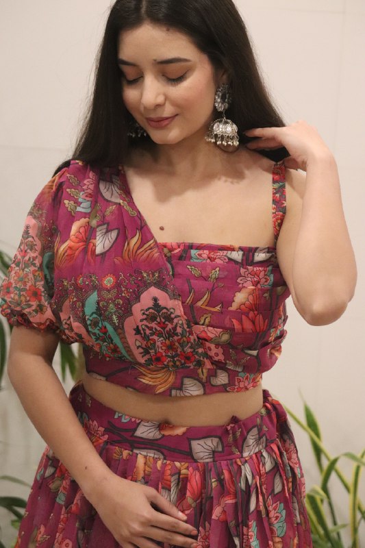 Wine Floral Organza Silk Lehenga Set with Printed Dupatta